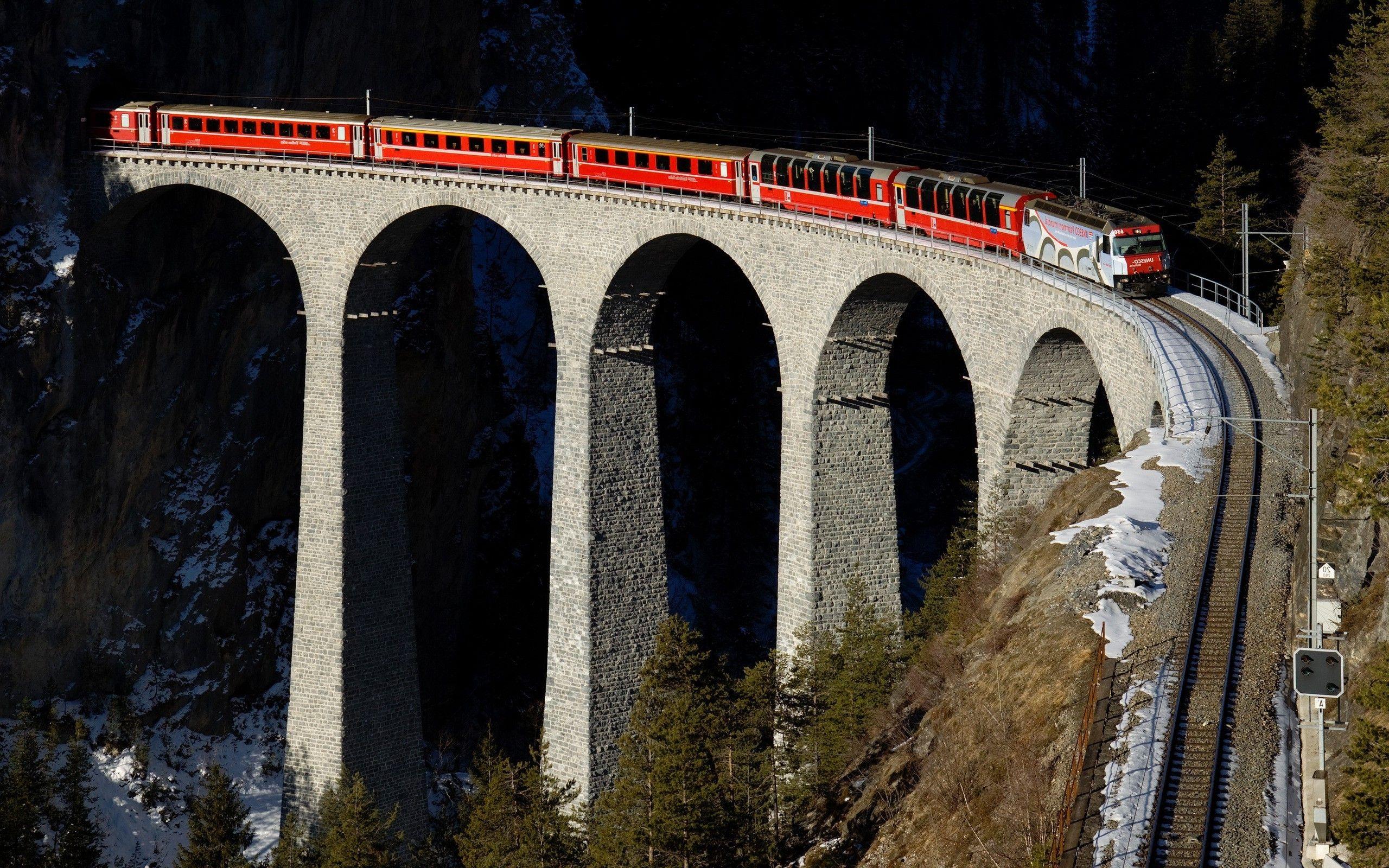 2560x1600 train, Railway, Bridge, Switzerland, Nature, Trees, Mountain, Winter, Snow, Arch, Hill, Forest Wallpaper HD / Desktop and Mobile Background