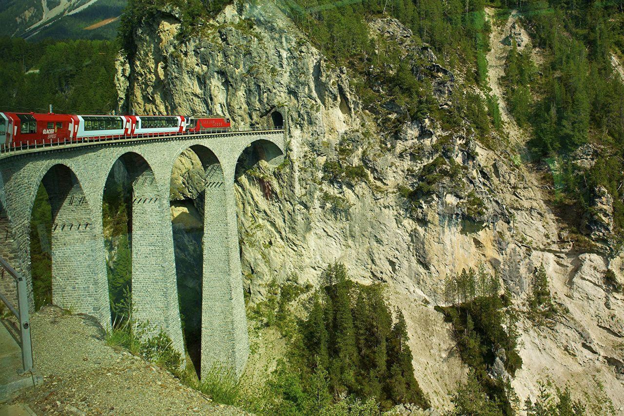 1280x853 Wallpaper Switzerland Rock Nature Bridges Trains