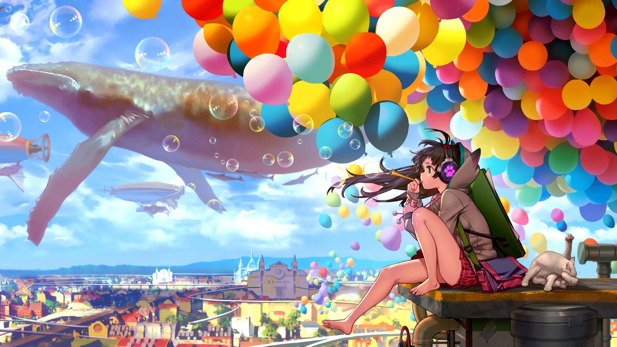 2048x1152 Colorful City Anime Girl Blowing Bubbles 2048x1152 Resolution HD 4k Wallpaper, Image, Background, Photo and Picture