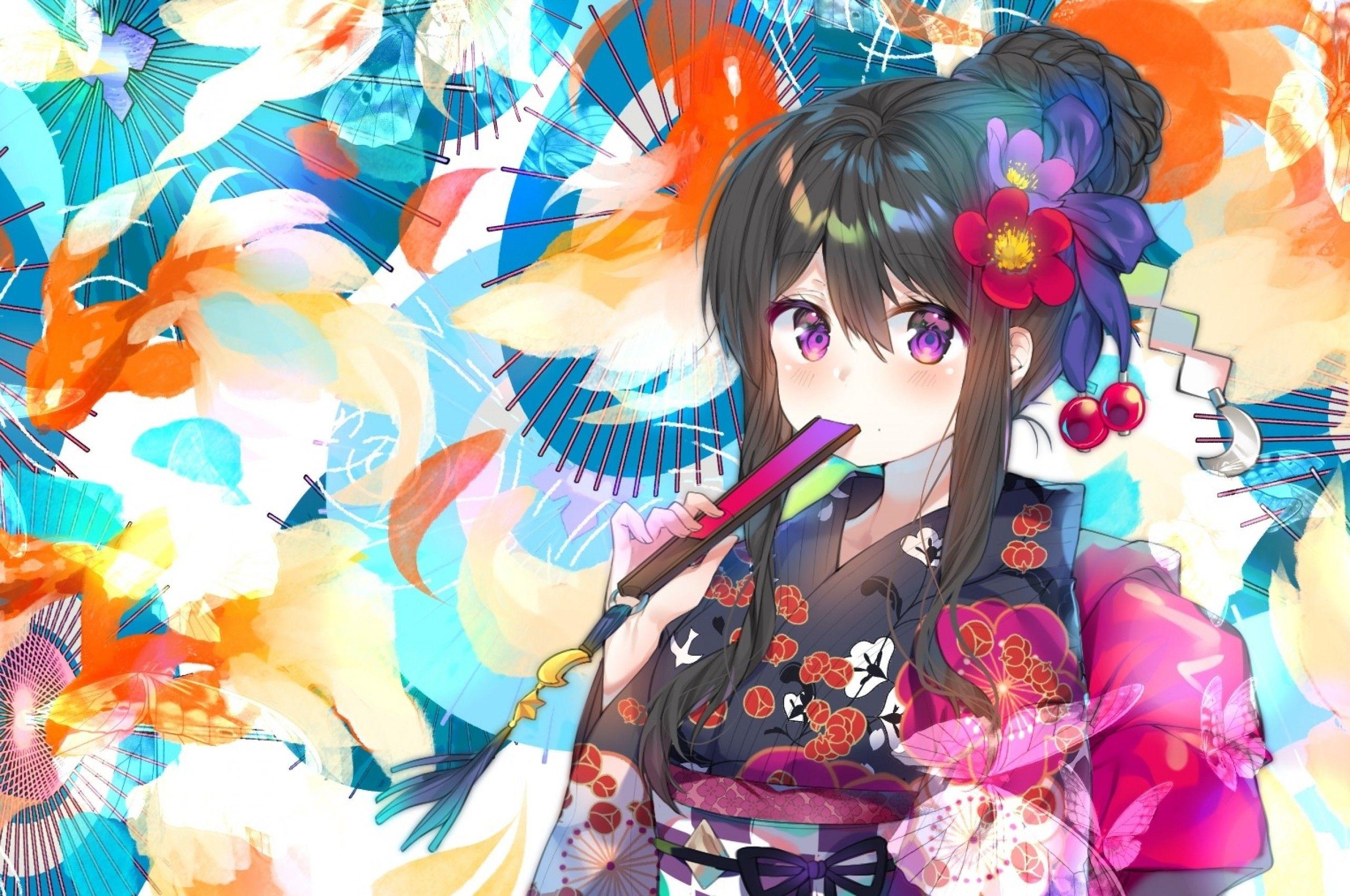 2560x1700 Download 2560x1700 Cute Anime Girl, Yukata, Colorful, Fish, Butterfly, Brown Hair Wallpaper for Chromebook Pixel