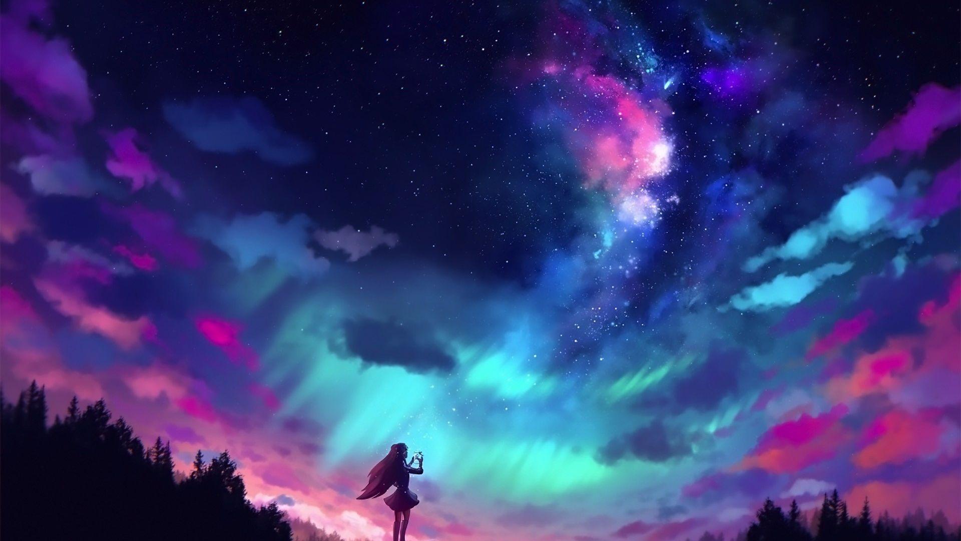 1920x1080 Desktop Wallpaper Anime Girl, Night, Colorful, Original, HD Image, Picture, Background, 0c021d