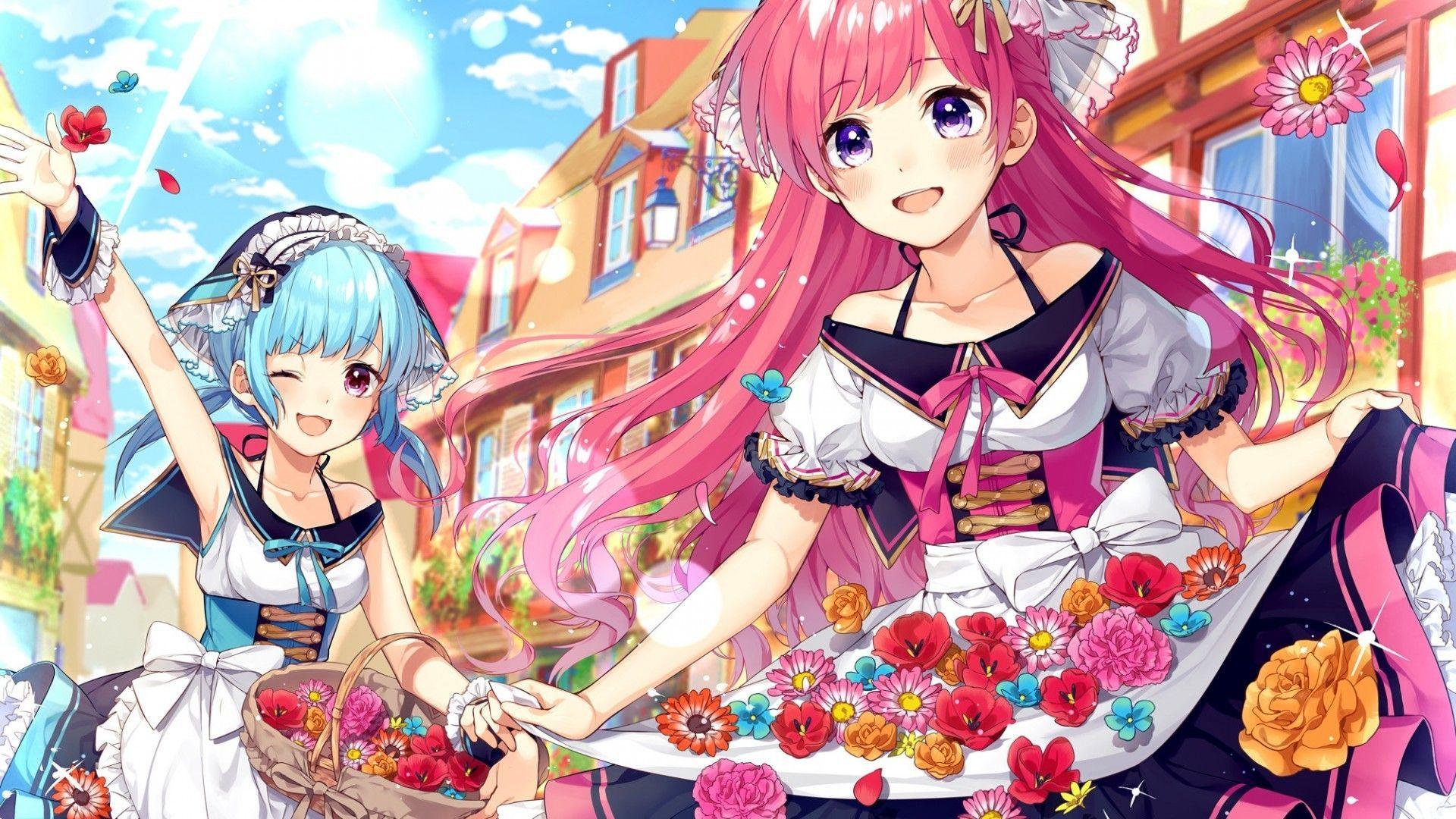 1920x1080 Download 1920x1080 Anime Girls, Colorful Flowers, Fantasy Village, Wink, Dress Wallpaper for Widescreen