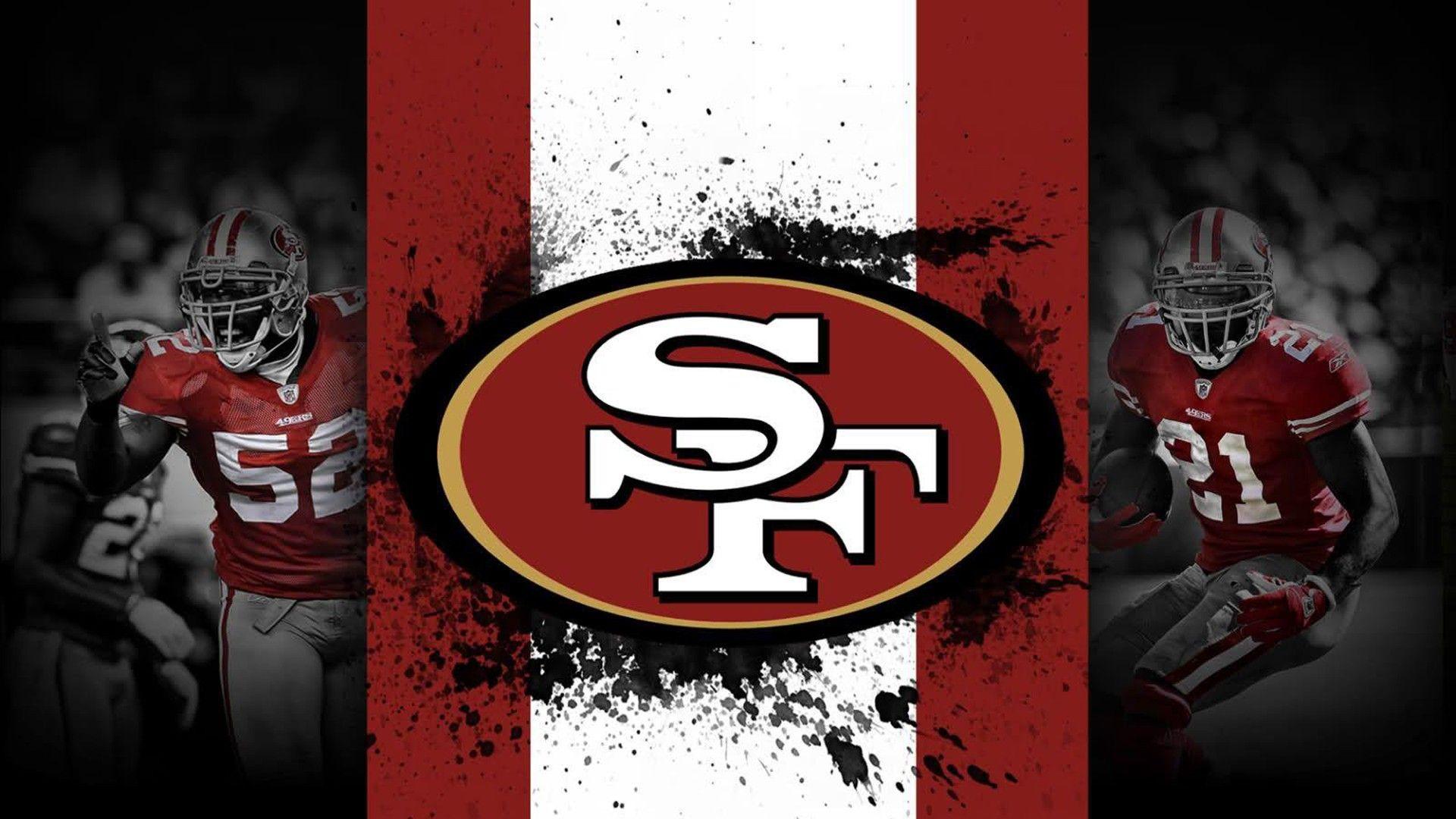 1920x1080 San Francisco 49ERS Logo With Background Of Red And White And Players On Side HD 49ERS Wallpaper