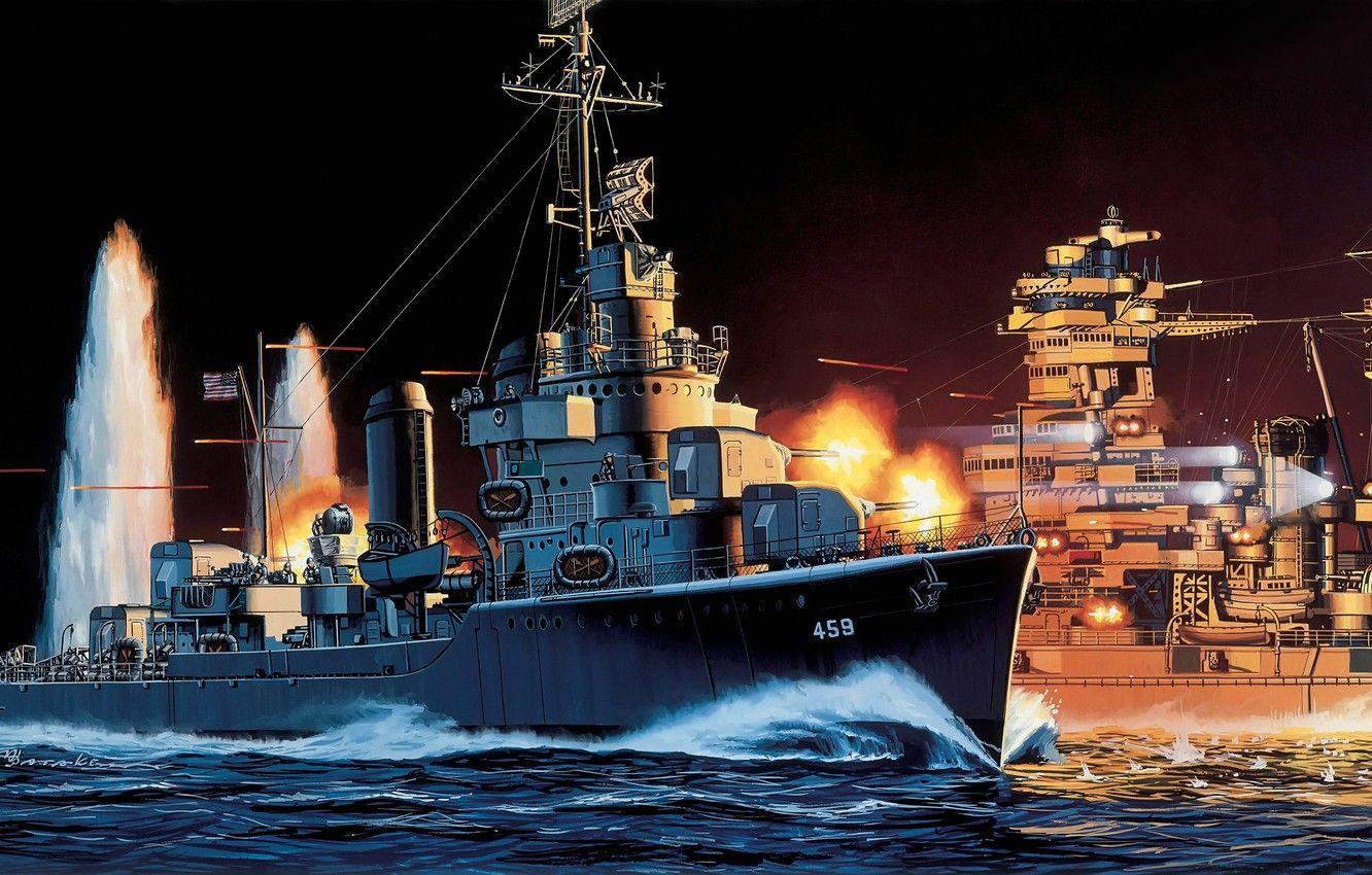 1332x850 Wallpaper Islands, ship, ships, battle, art, Navy, American, military, Japanese, destroyer, WW2., linear, type, Guadalcanal, 1942., near image for desktop, section оружие