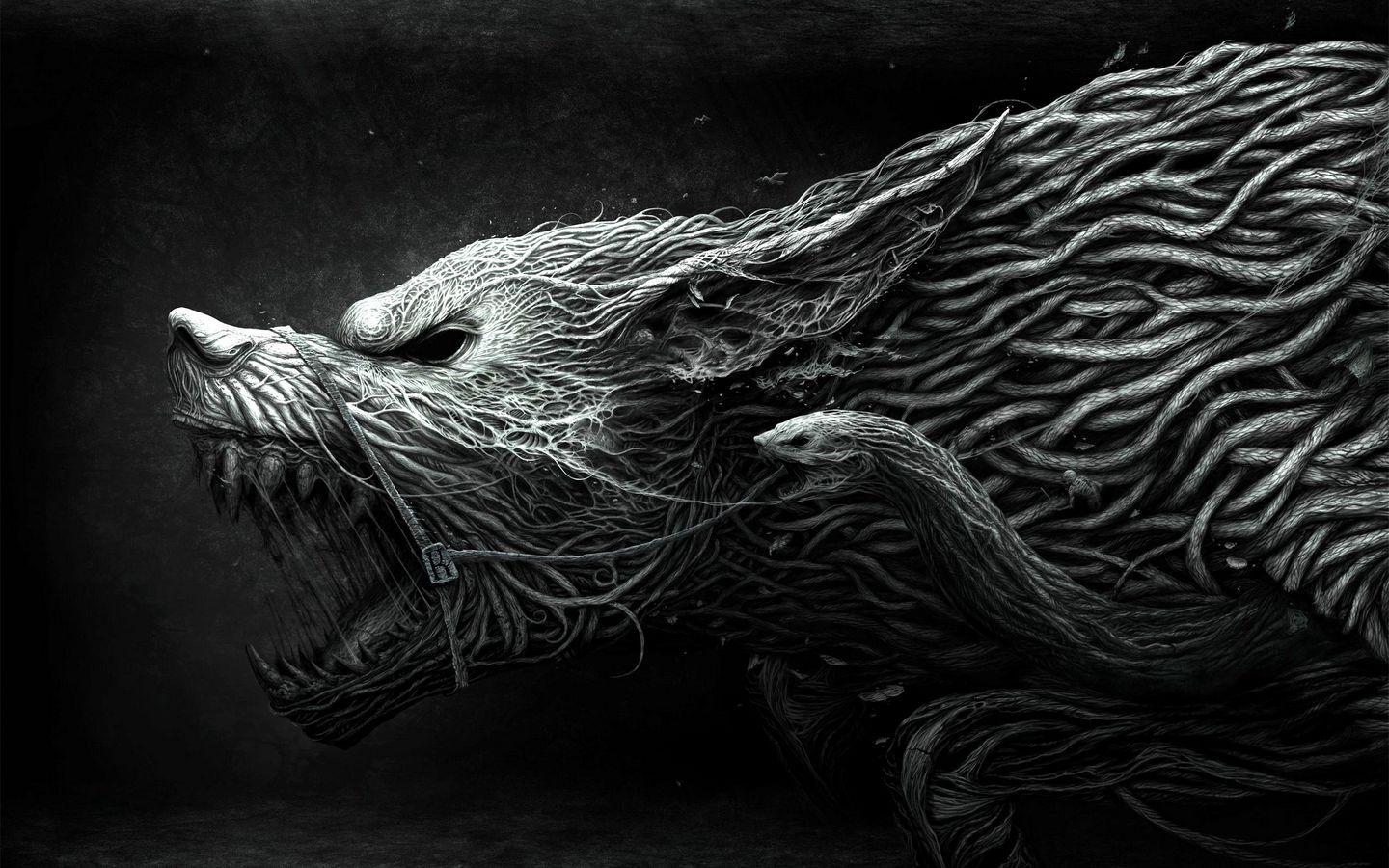 1440x900 Download wallpaper 1440x900 wolf, teeth, drawing, aggression, black, white widescreen 16:10 HD background