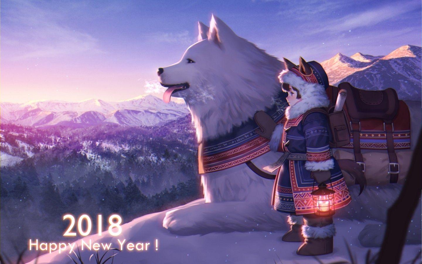 1440x900 Download 1440x900 Anime Girl, Wolf, Snow, Lantern, Winter Wallpaper for MacBook Pro 15 inch, MacBook Air 13 inch