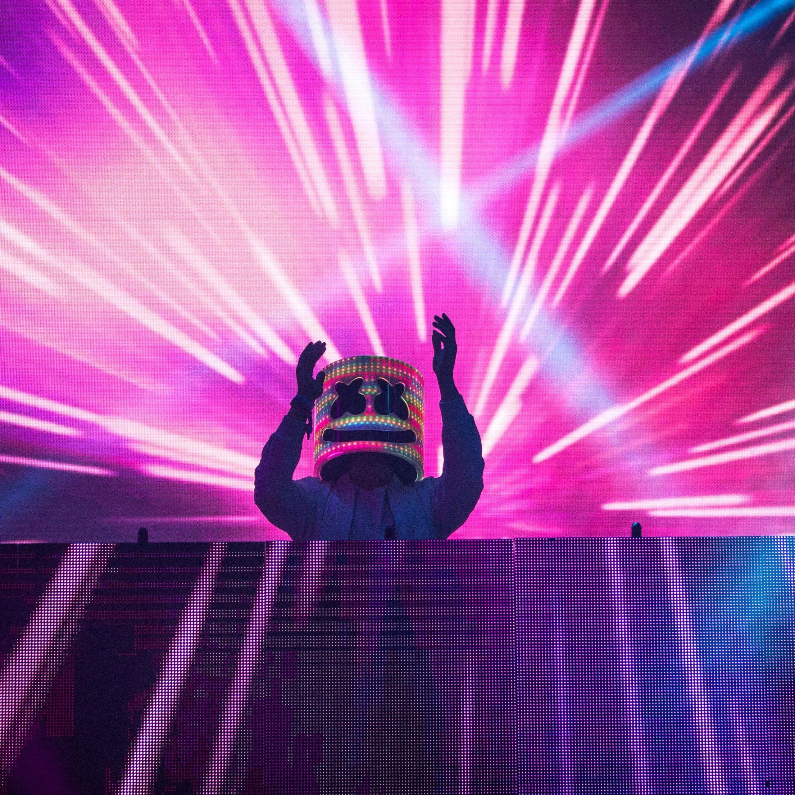 2560x2560 Marshmello 4K Wallpaper, Live concert, American DJ, LED lighting, Neon, Music