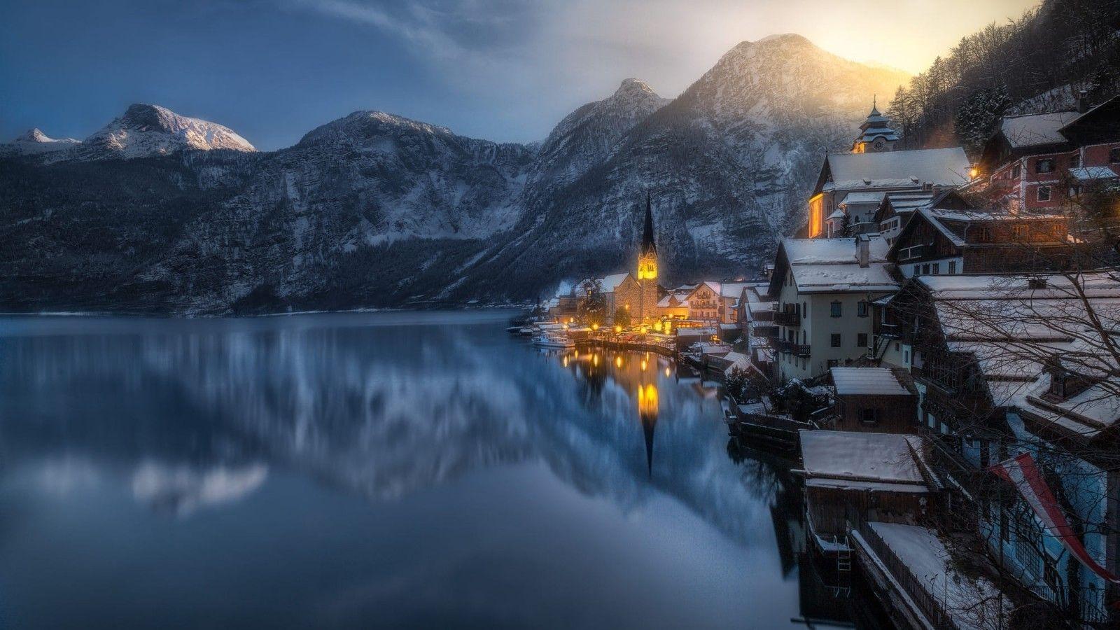 1600x900 Download 1600x900 Lake, Reflection, Village, Mountain, Light, Winter Wallpaper