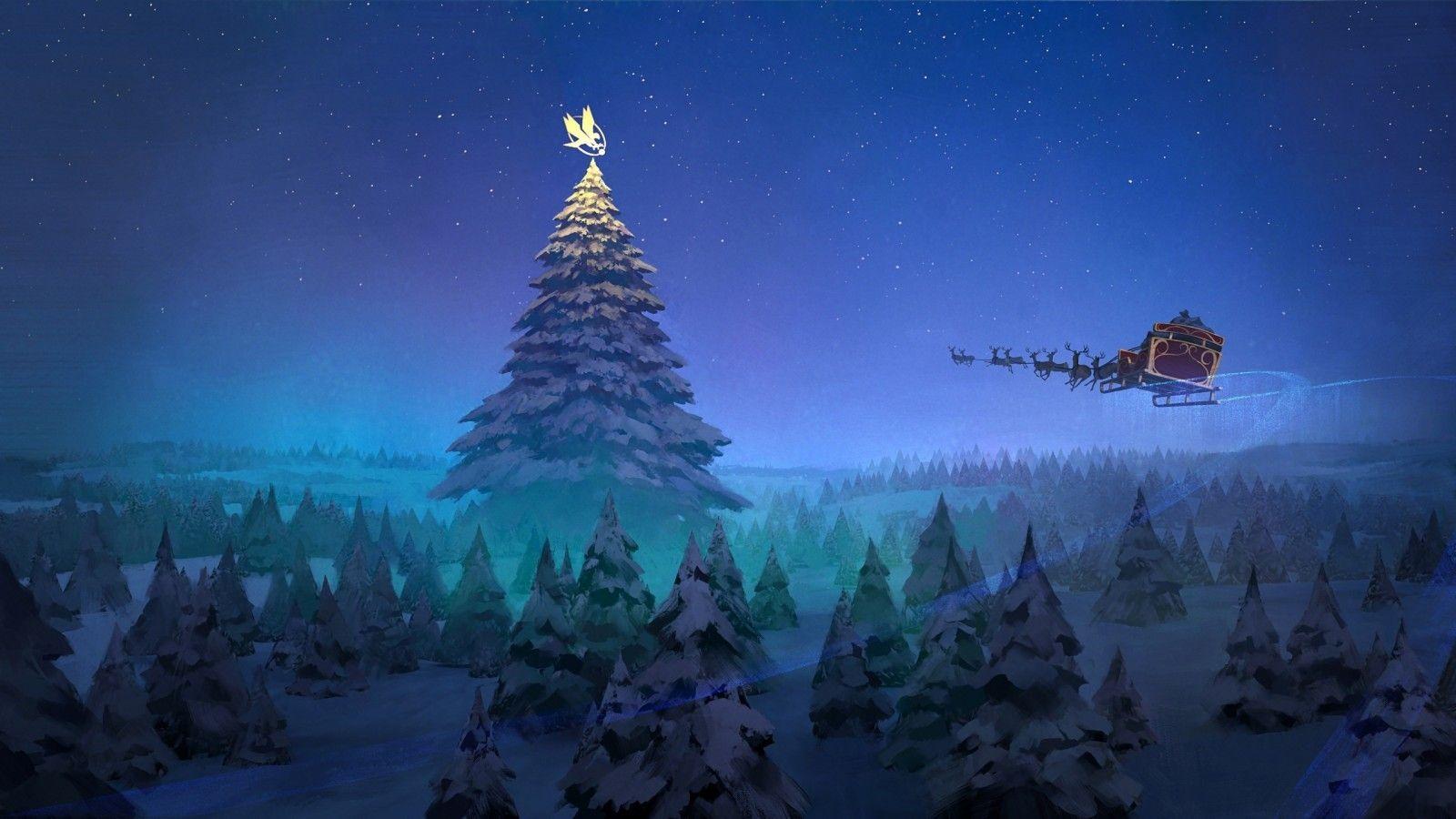 1600x900 Download 1600x900 Santa Claus, Flying, Christmas Tree, Stars, Night Wallpaper