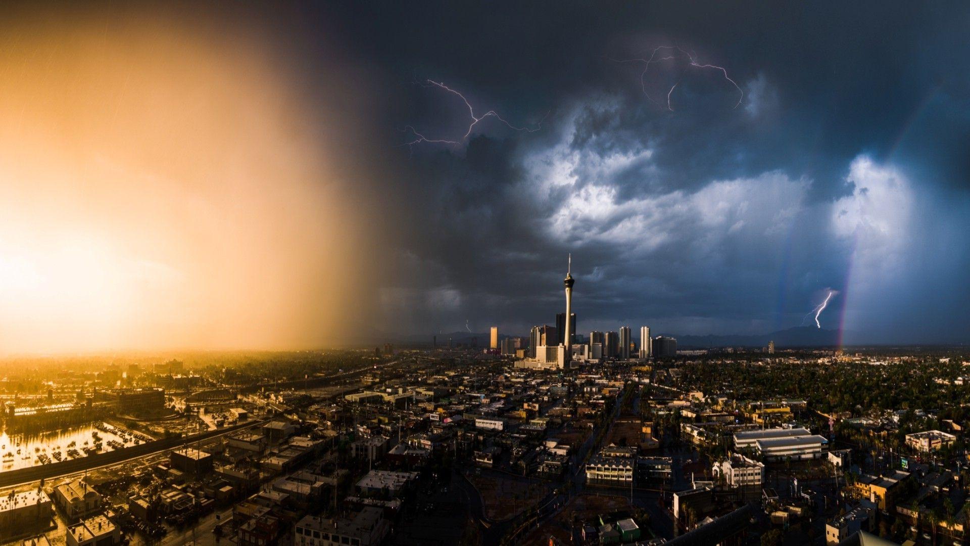 1920x1080 city cityscape las vegas usa lightning rainbows sunset clouds storm nature HD wallpaper, Background