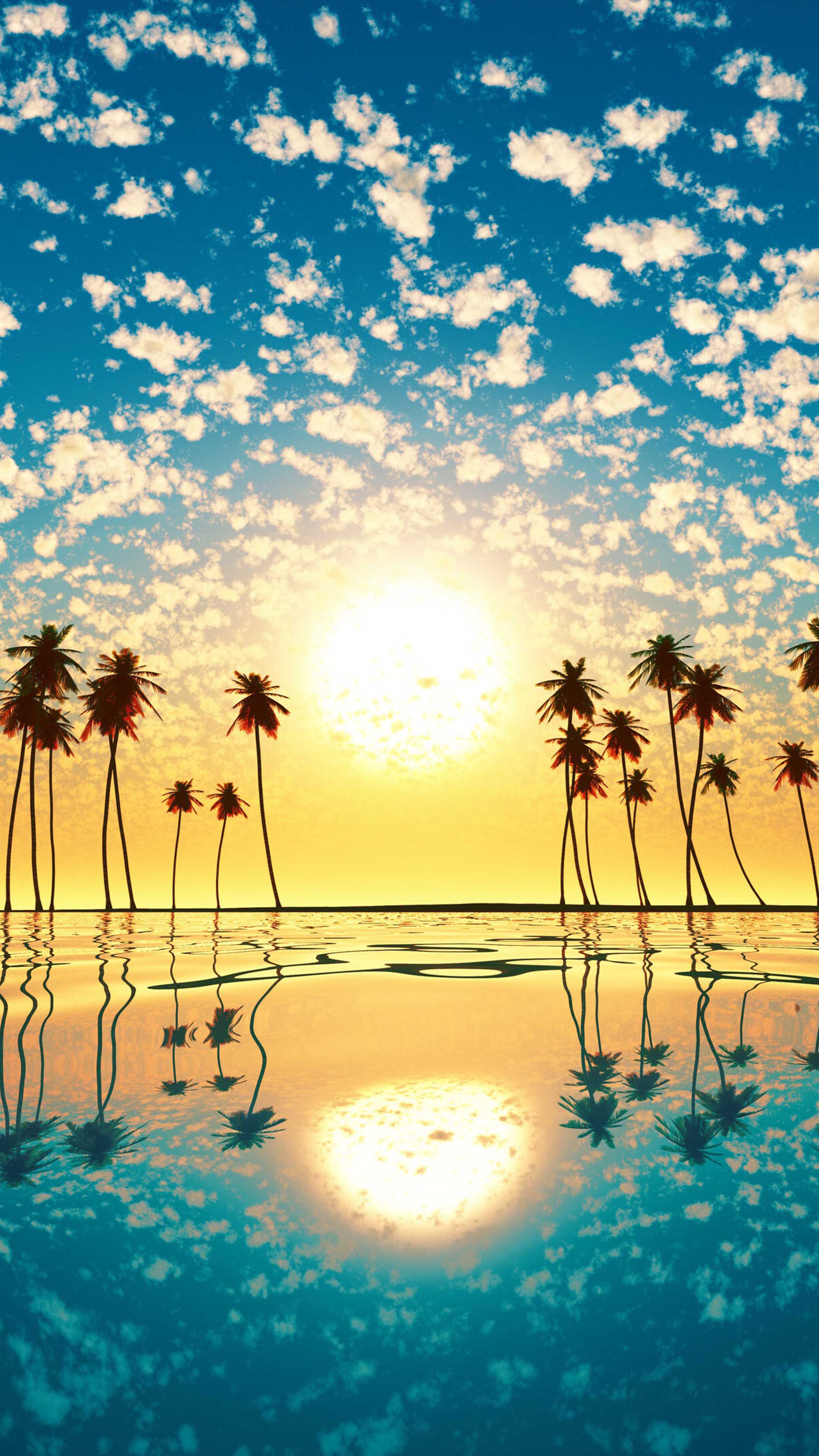 2160x3840 Sunset Palm Tree Cloud Sky Reflection 4K Ultra HD Mobile Wallpaper