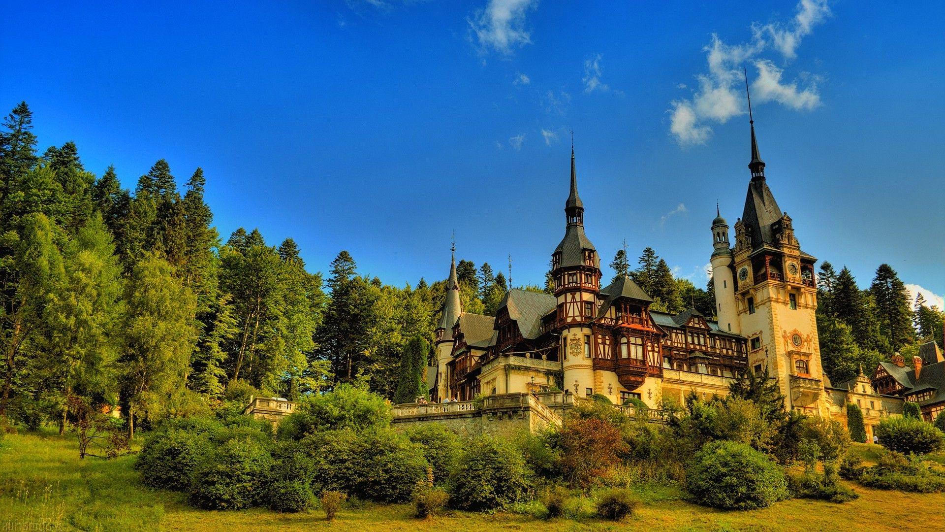 1920x1080 nature, Landscape, Architecture, Castle, Tower, Trees, Forest, Pine Trees, Sky, Clouds, Walls, Clocks, Tourism, Field, Peles Castle Wallpaper HD / Desktop and Mobile Background