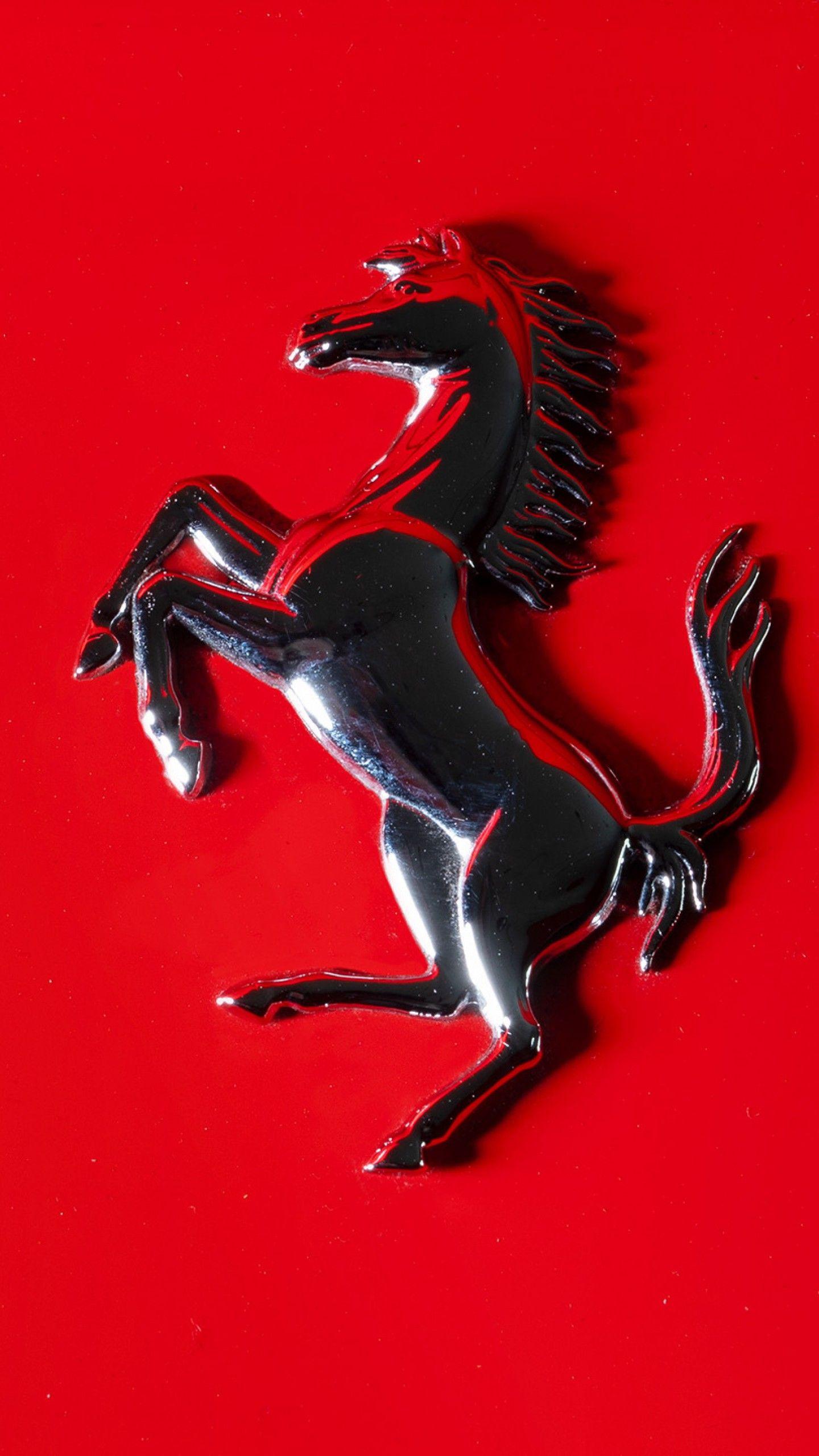 1440x2560 Ferrari logo 4K Wallpaper, Black prancing horse, Red background, Cars