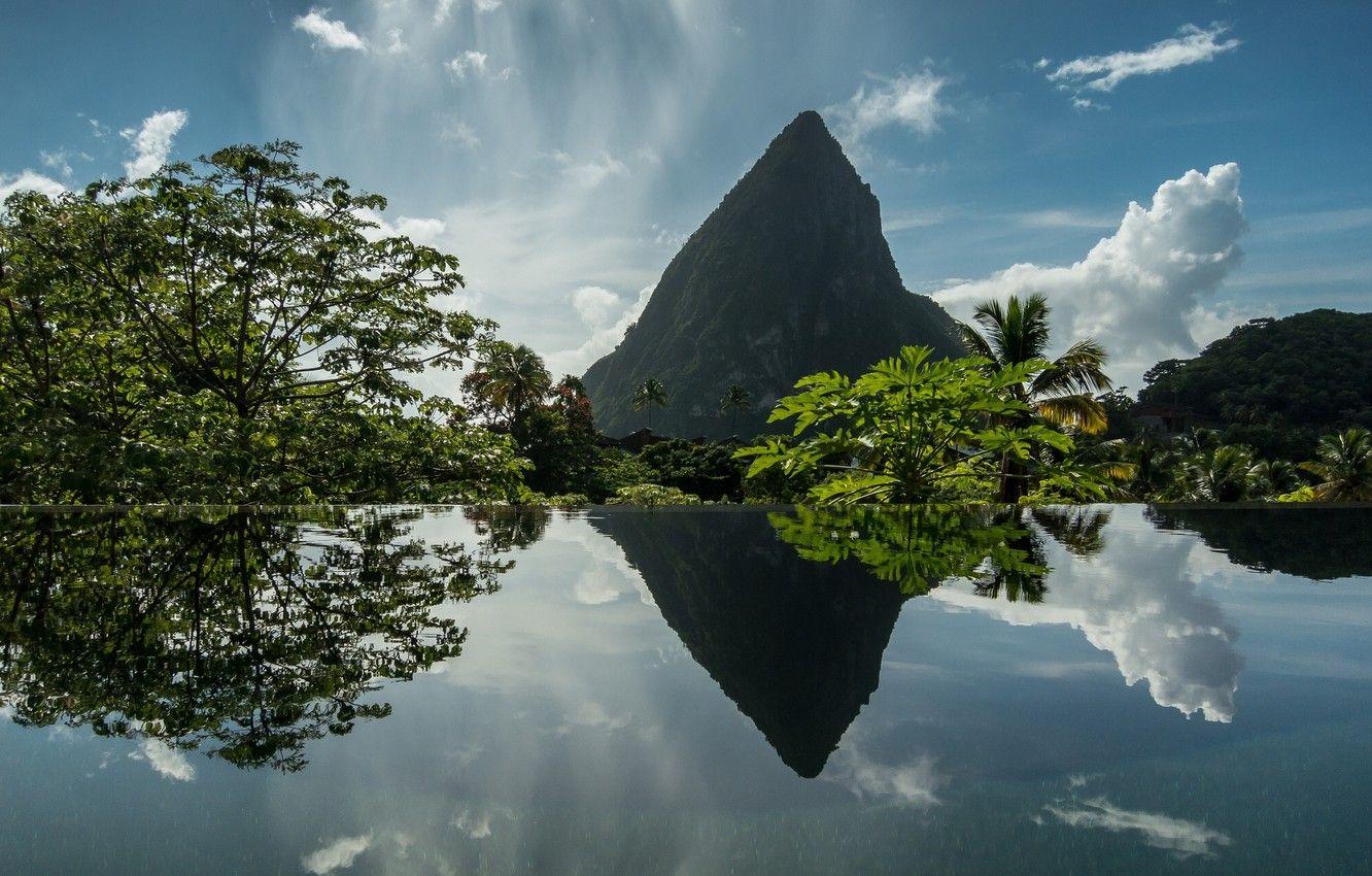 1332x850 Wallpaper water, trees, reflection, mountain, Soufriere, Caribbean, Saint Lucia, Celebrate, West Indies, Saint Lucia image for desktop, section пейзажи