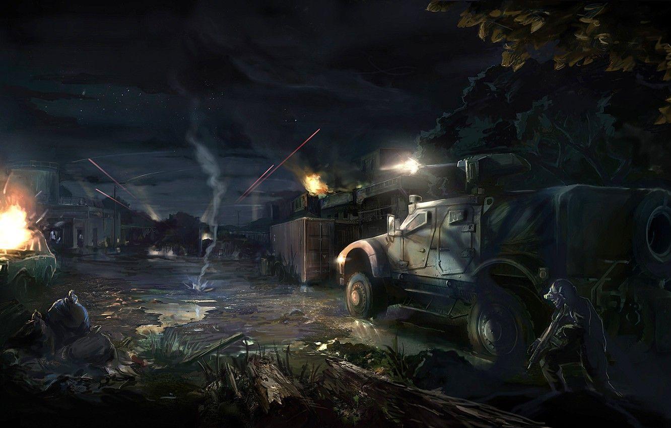1332x850 Wallpaper machine, night, the city, war, burns, Arma tracer image for desktop, section игры