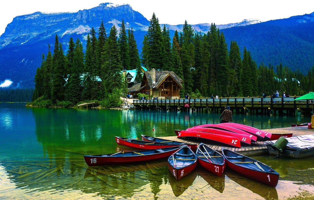1332x850 Wallpaper forest, trees, mountains, bridge, nature, lake, people, home, boats, pier, USA, Yoho National Park, Emerald Lake image for desktop, section пейзажи