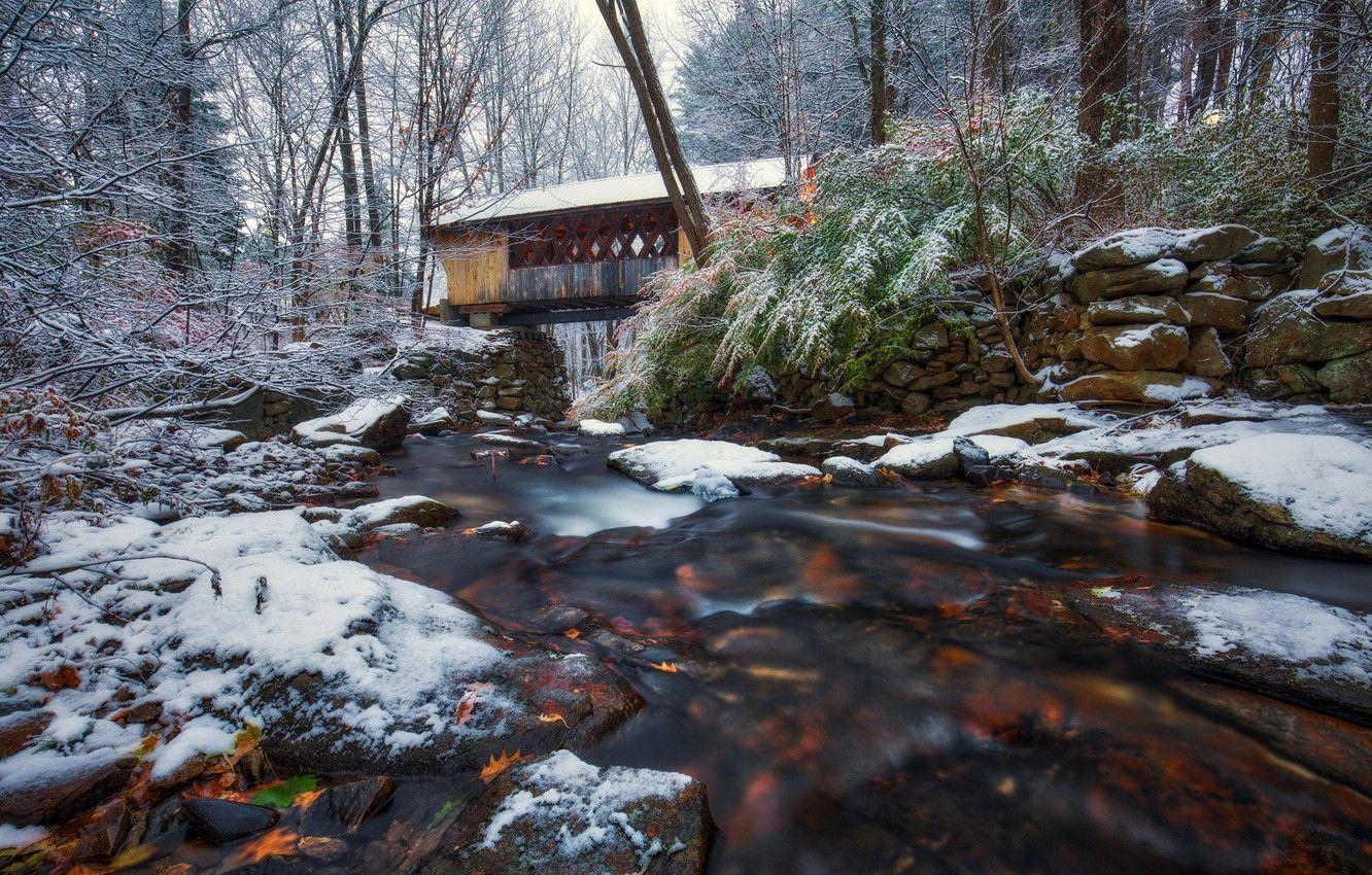 1332x850 Photo Wallpaper Autumn, Snow, Trees, Bridge, River, HD Wallpaper