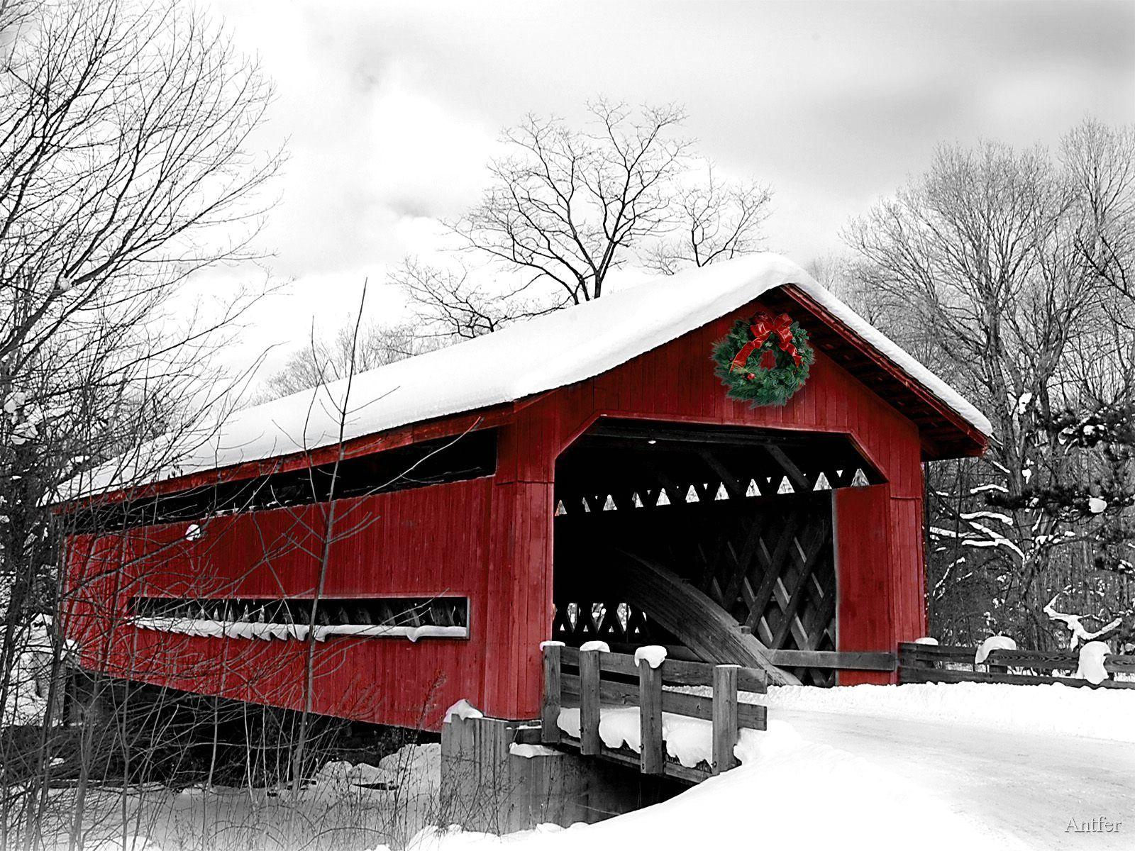 1600x1200 Winter Covered Bridge Wallpaper