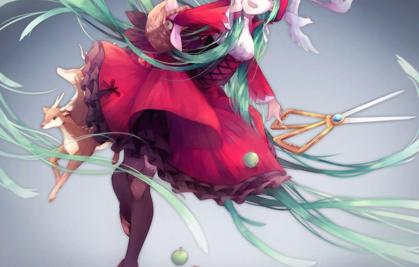 1332x850 Wallpaper girl, birds, animals, little red riding hood, anime, art, hood, vocaloid, hatsune miku, scissors, lyodi image for desktop, section арт