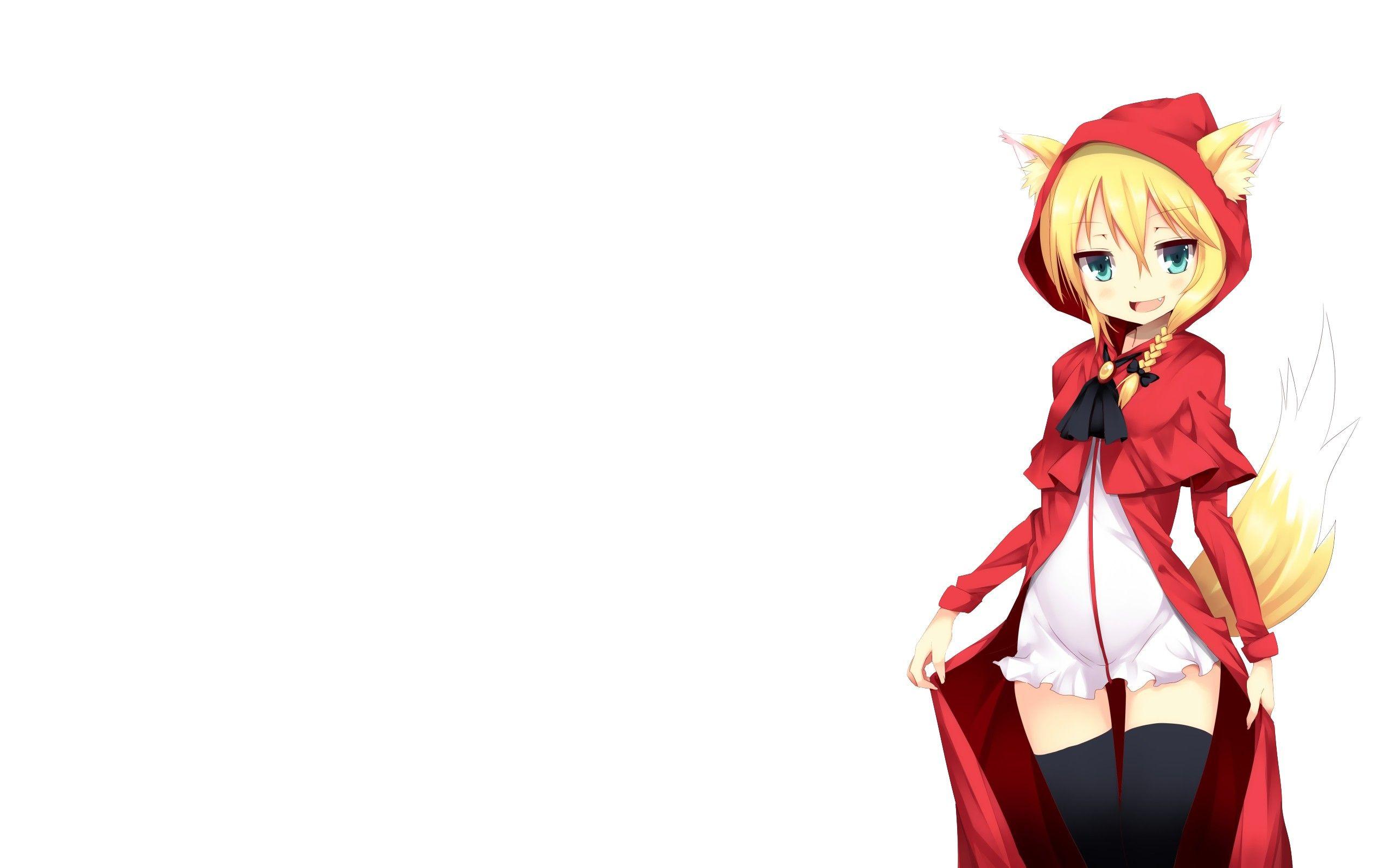 2560x1600 blondes, tails, white, long hair, Little Red Riding Hood, green eyes, animal ears, thigh highs, blush, aqua eyes, simple background, anime girls, white background, red riding hood wallpaper