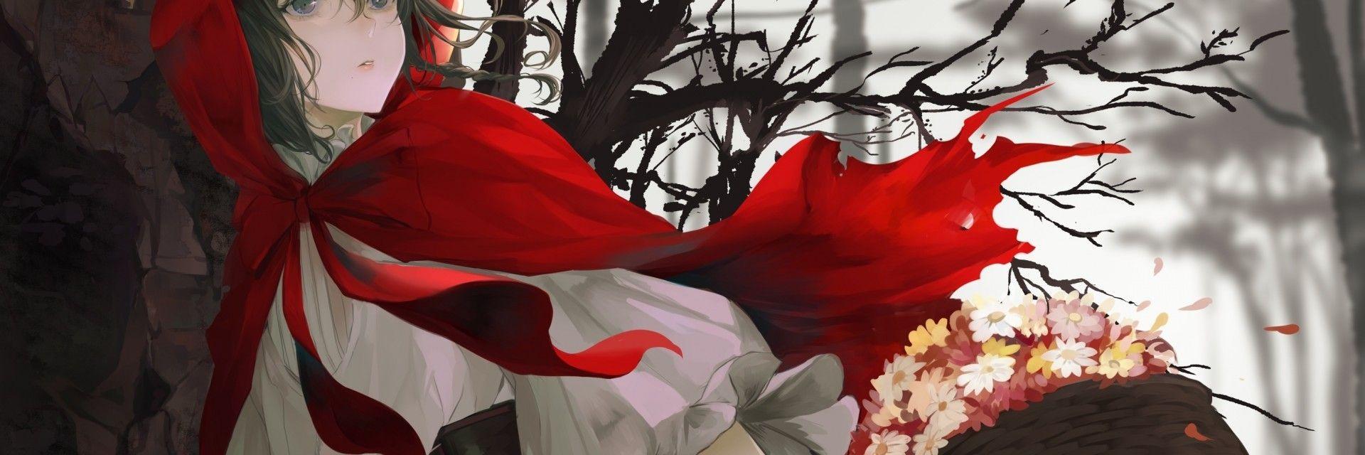 1920x640 Download 1920x640 Little Red Riding Hood, Anime Girl, Flowers Wallpaper