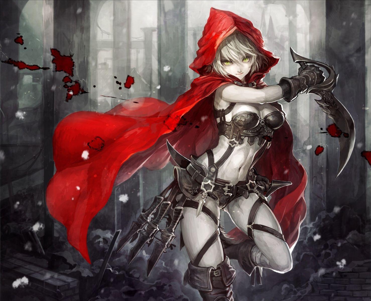 1478x1200 Armor Blood Breasts Cape Cleavage Hoodie Little Red Riding Hood Navel Original Red Riding Hood Senano Yu Sword Weapon White Hair Yellow Eyes. Konachan.net.com Anime Wallpaper