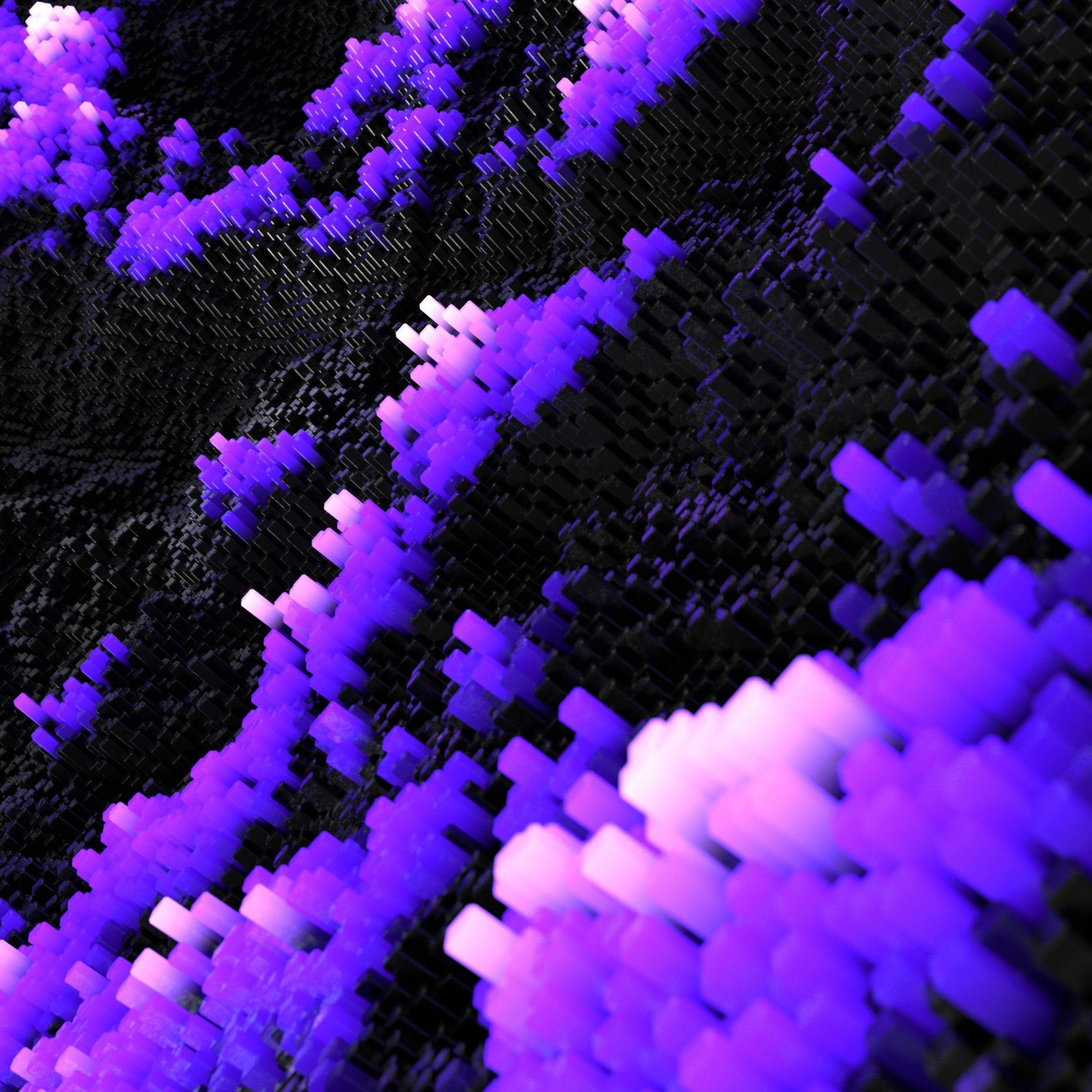 2732x2732 Rays 4K Wallpaper, Violet background, Bars, 3D background, Glowing, Black blocks, Abstract