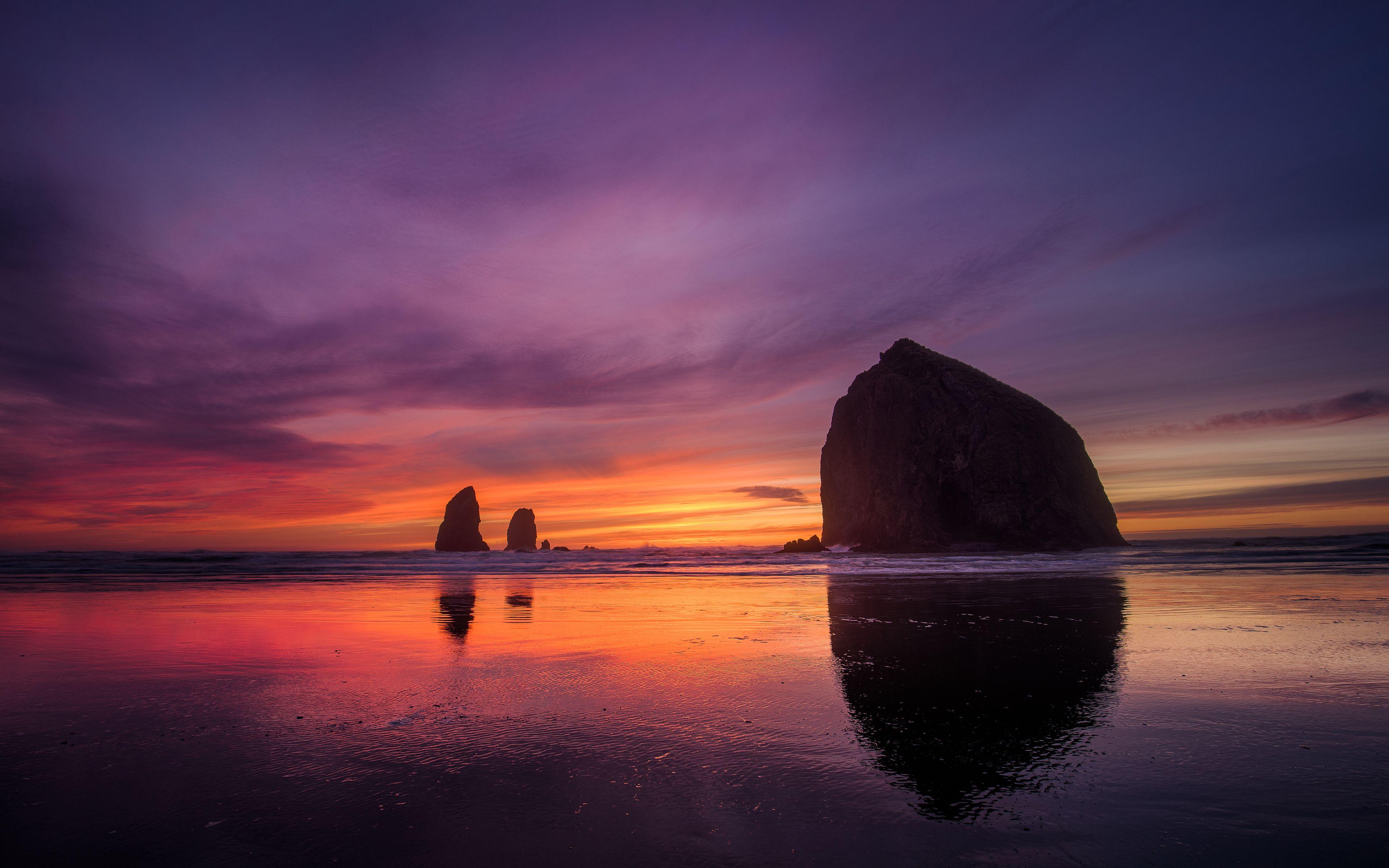 3840x2400 Oregon Coast 4K Wallpaper, Sunset, Beach, Purple sky, Nature