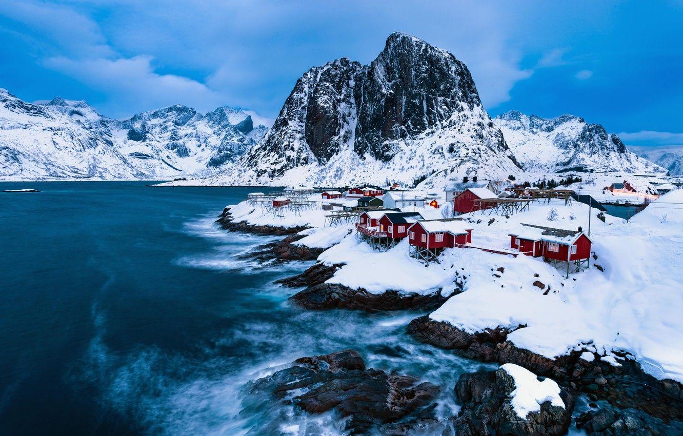 1332x850 Wallpaper winter, snow, mountains, home, village, Norway, Norway, the fjord, The Lofoten Islands, Lofoten, Hamnøy, Hamnøy, Vestfjorden, The vest fjord image for desktop, section пейзажи