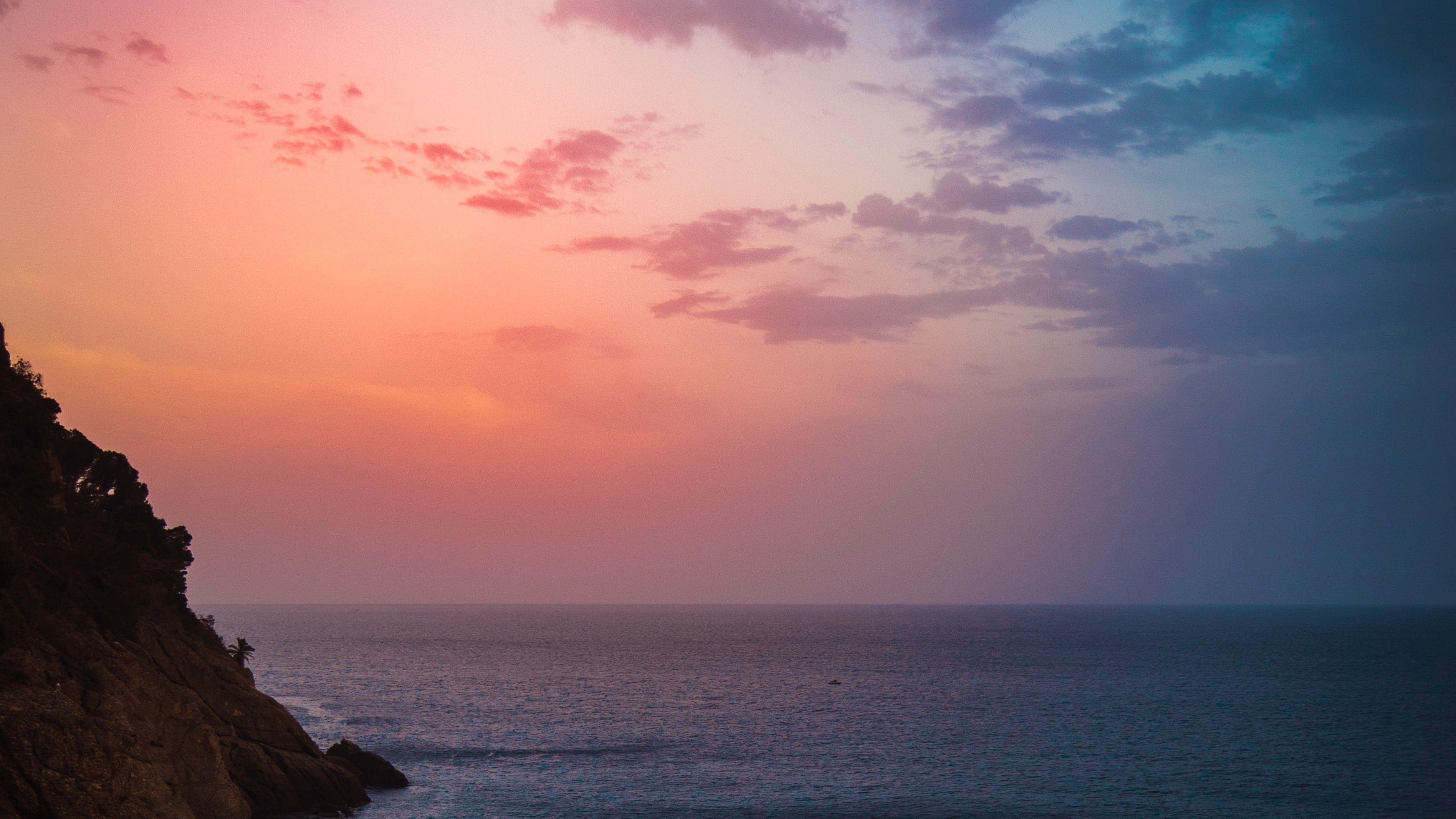 3840x2160 Sunset 4K Wallpaper, Cliff, Seascape, Dawn, Moon, Seashore, Coastline, Red Sky, Nature