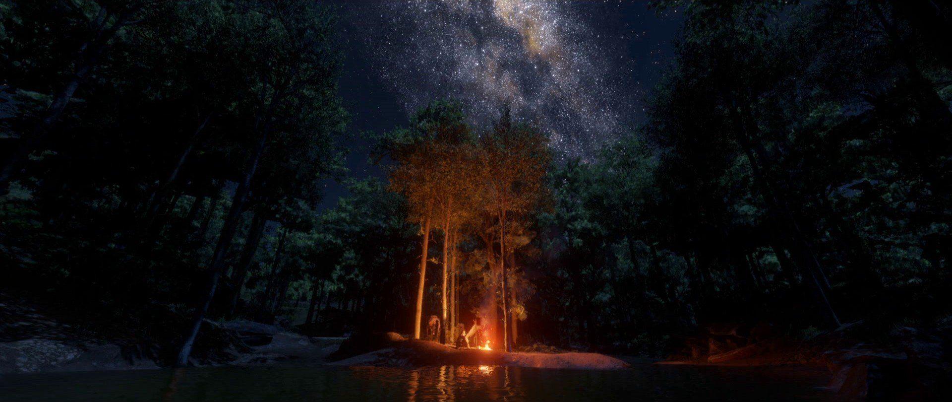1920x810 Rockstar Games, Red Dead Redemption Forest, In game, Star trails, Night sky, Campfire, Stars HD Wallpaper / Desktop and Mobile Image & Photo