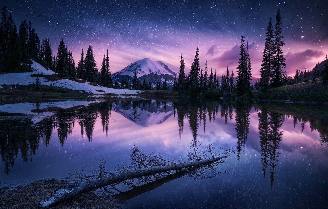 1332x850 Wallpaper forest, the sky, stars, mountains, night, lake, mountain image for desktop, section пейзажи