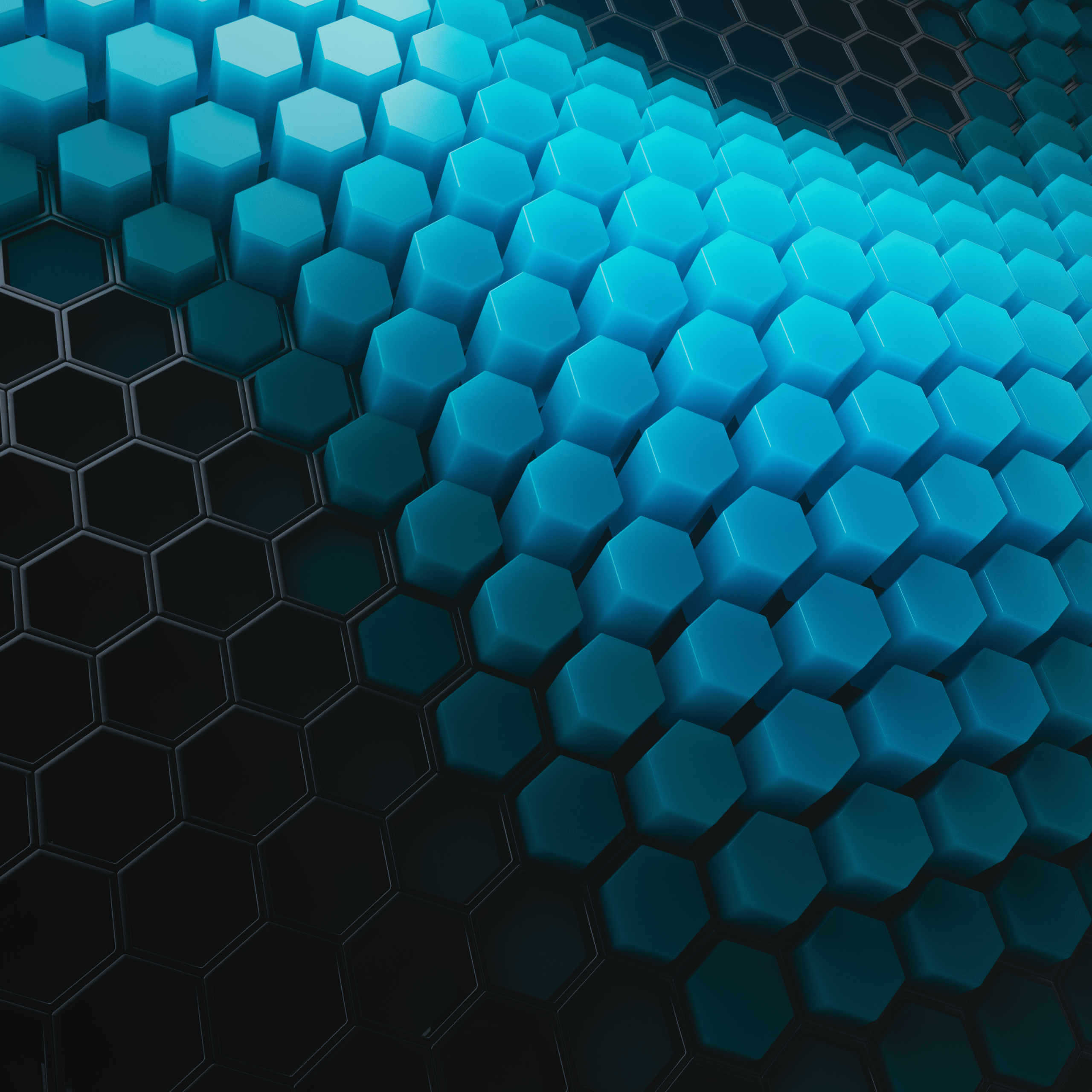 2560x2560 Hexagons 4K Wallpaper, Patterns, Cyan background, Cyan blocks, Black blocks, Geometric, Abstract
