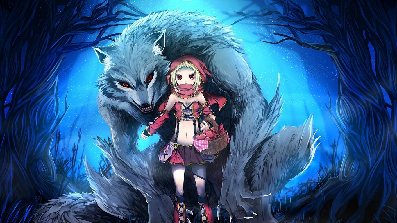 1366x768 Wolf and beautiful little girl wallpaper Desktop