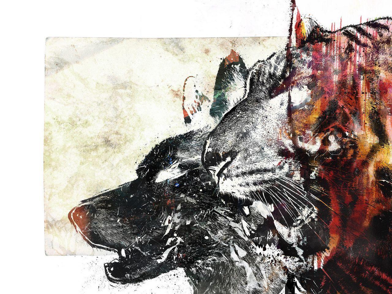 1280x960 Download wallpaper 1280x960 wolf, tiger, drawing, white, red standard 4:3 HD background