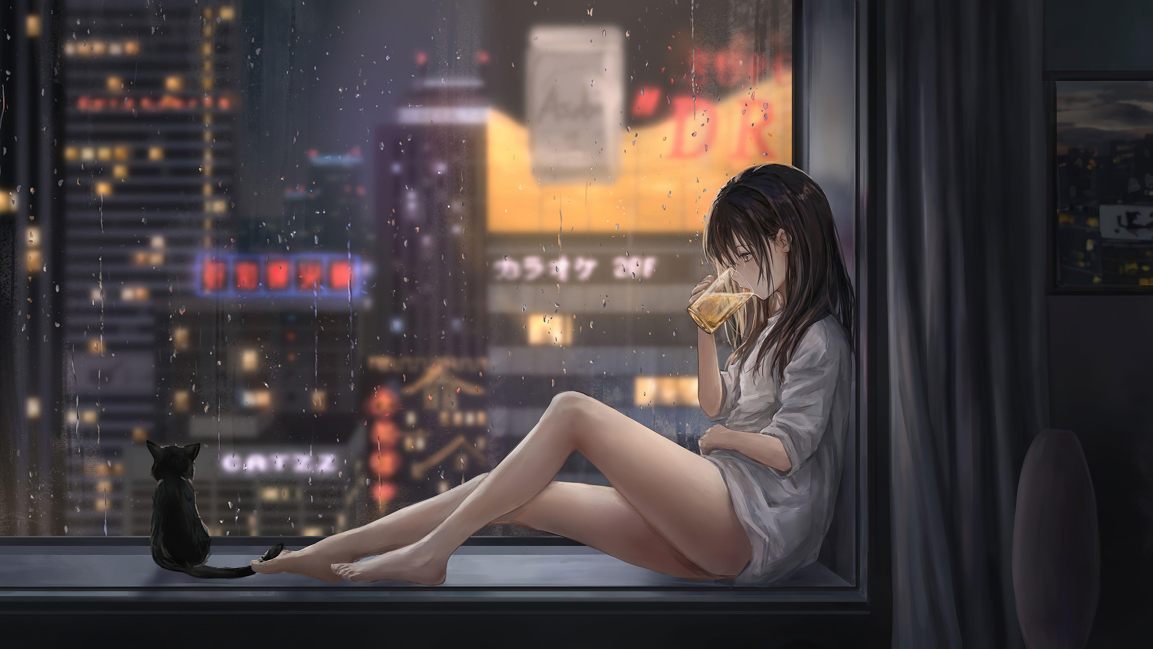 3840x2163 Anime Girl Cat Raining 4k, HD Anime, 4k Wallpaper, Image, Background, Photo and Picture