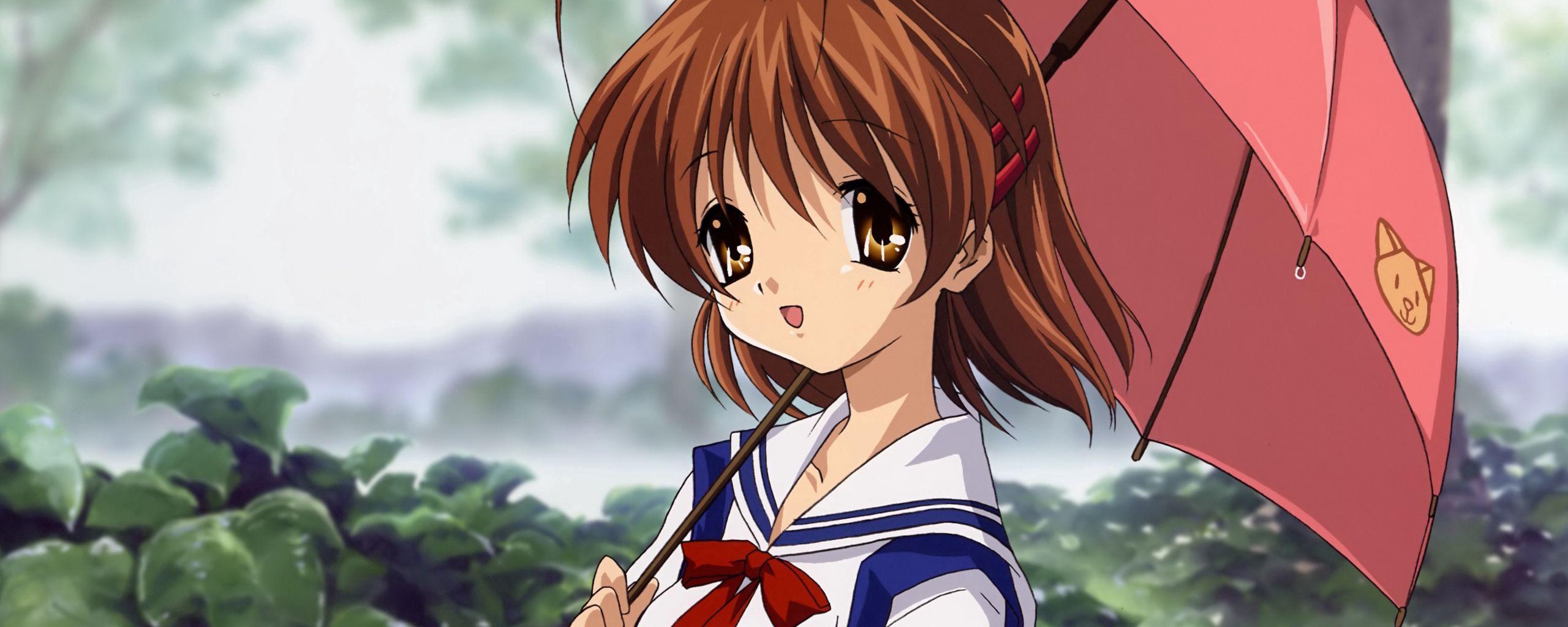 2560x1024 Download wallpaper 2560x1024 anime, girl, cute, umbrella, rain, nature ultrawide monitor HD background