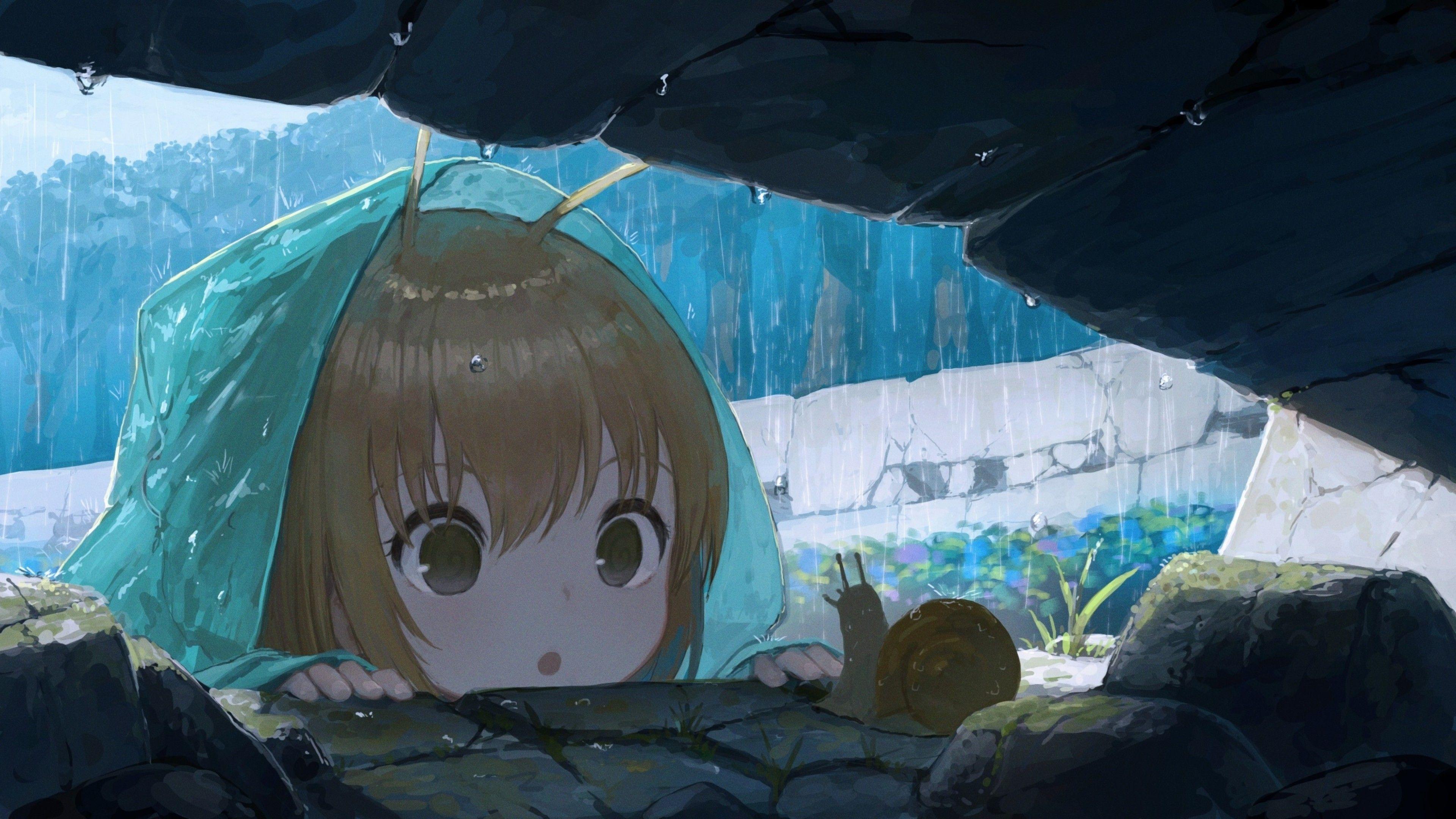 3840x2160 Download 3840x2160 Cute Anime Girl, Loli, Raining, Curious Expression, Hoodie Wallpaper for UHD TV
