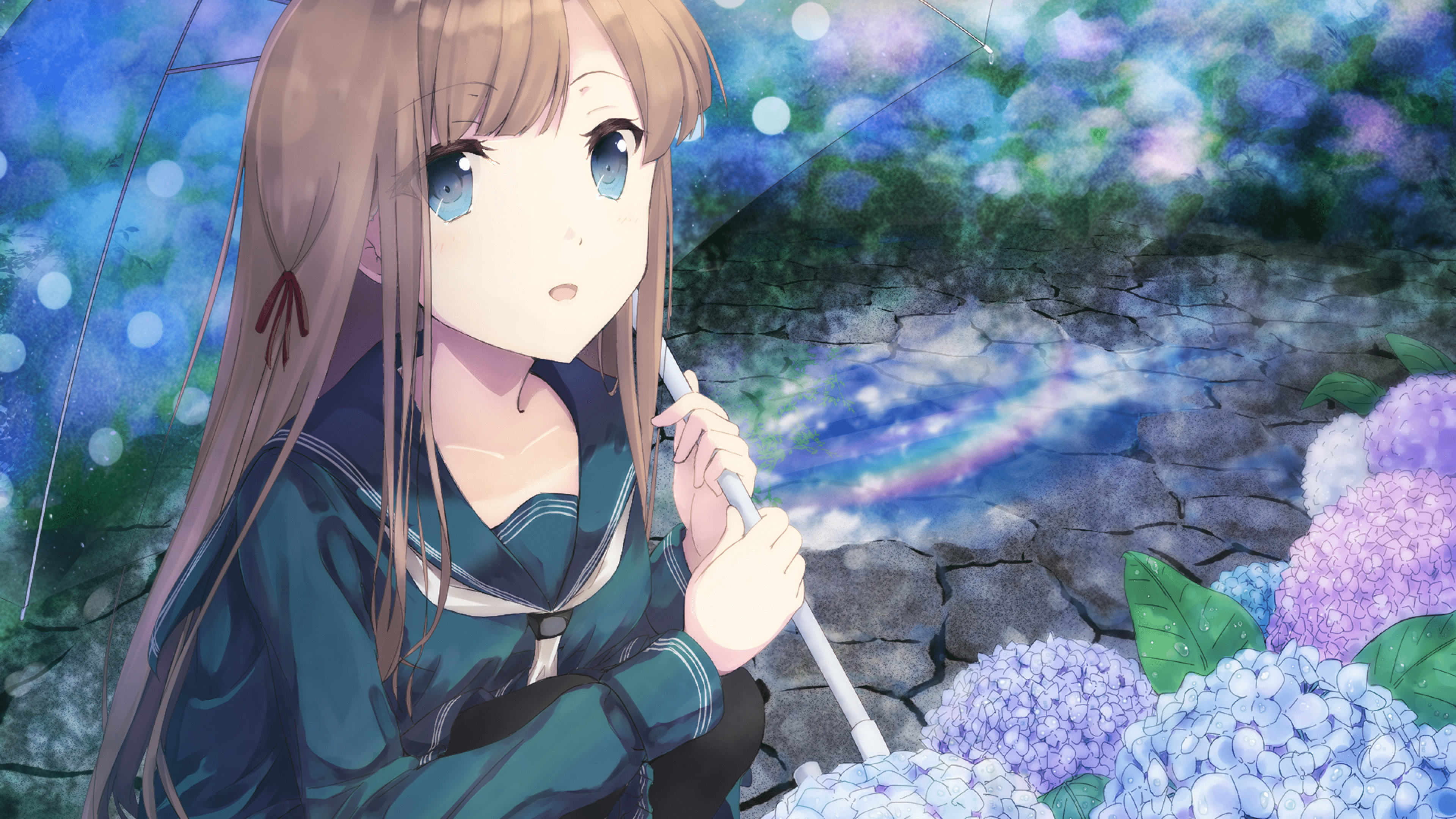 3840x2160 Download 3840x2160 Cute Anime Girl, School Uniform, Raining, Umbrella, Garden Wallpaper for UHD TV
