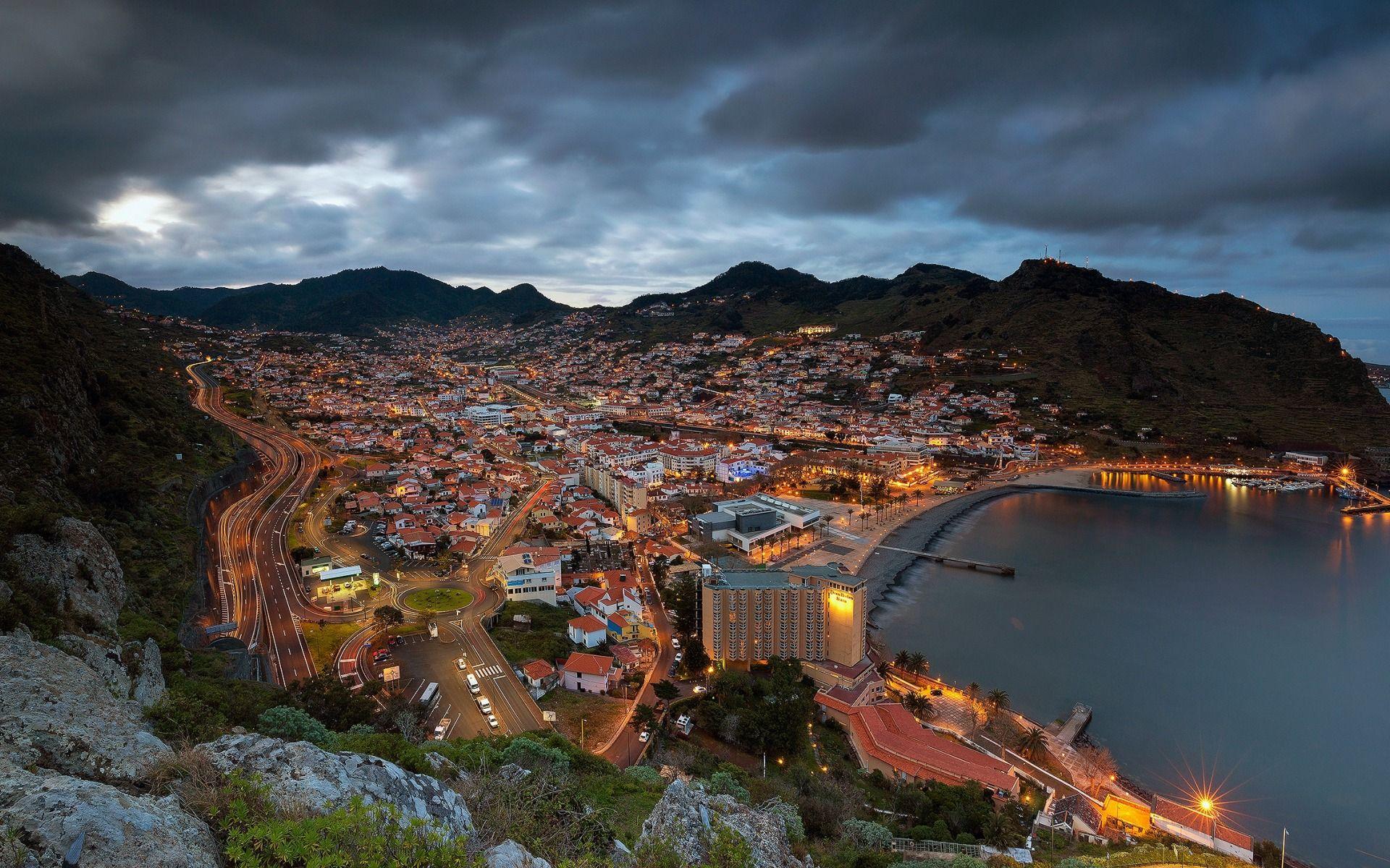 1920x1200 Download wallpaper Madeira, Machico Bay, Evening, mountains, coast, Portugal, Atlantic Ocean for desktop with resolution 1920x1200. High Quality HD picture wallpaper