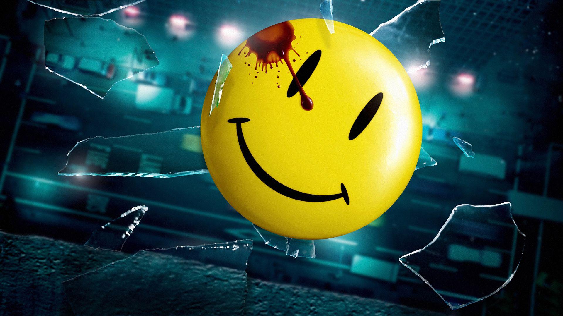 1920x1080 Watchmen Smiley in 1920×1080 Pixel, Glass is Made Broken with His Head, Still Smiling, the Guy is Great and Positive