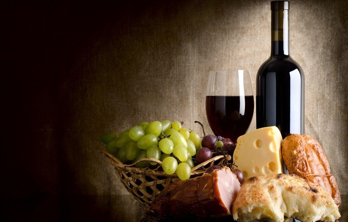 1332x850 Wallpaper wine, basket, glass, cheese, bread, grapes, salmon image for desktop, section еда