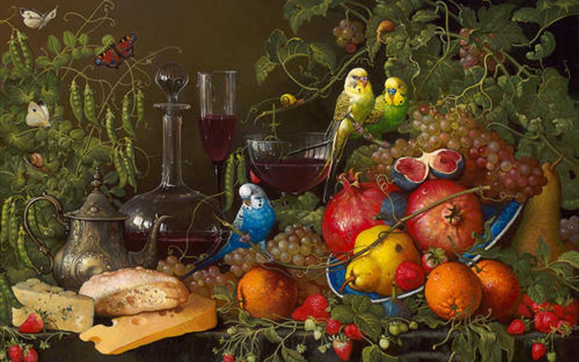 1920x1200 Birds Fruits Cheese & Wine wallpaper. Birds Fruits Cheese & Wine