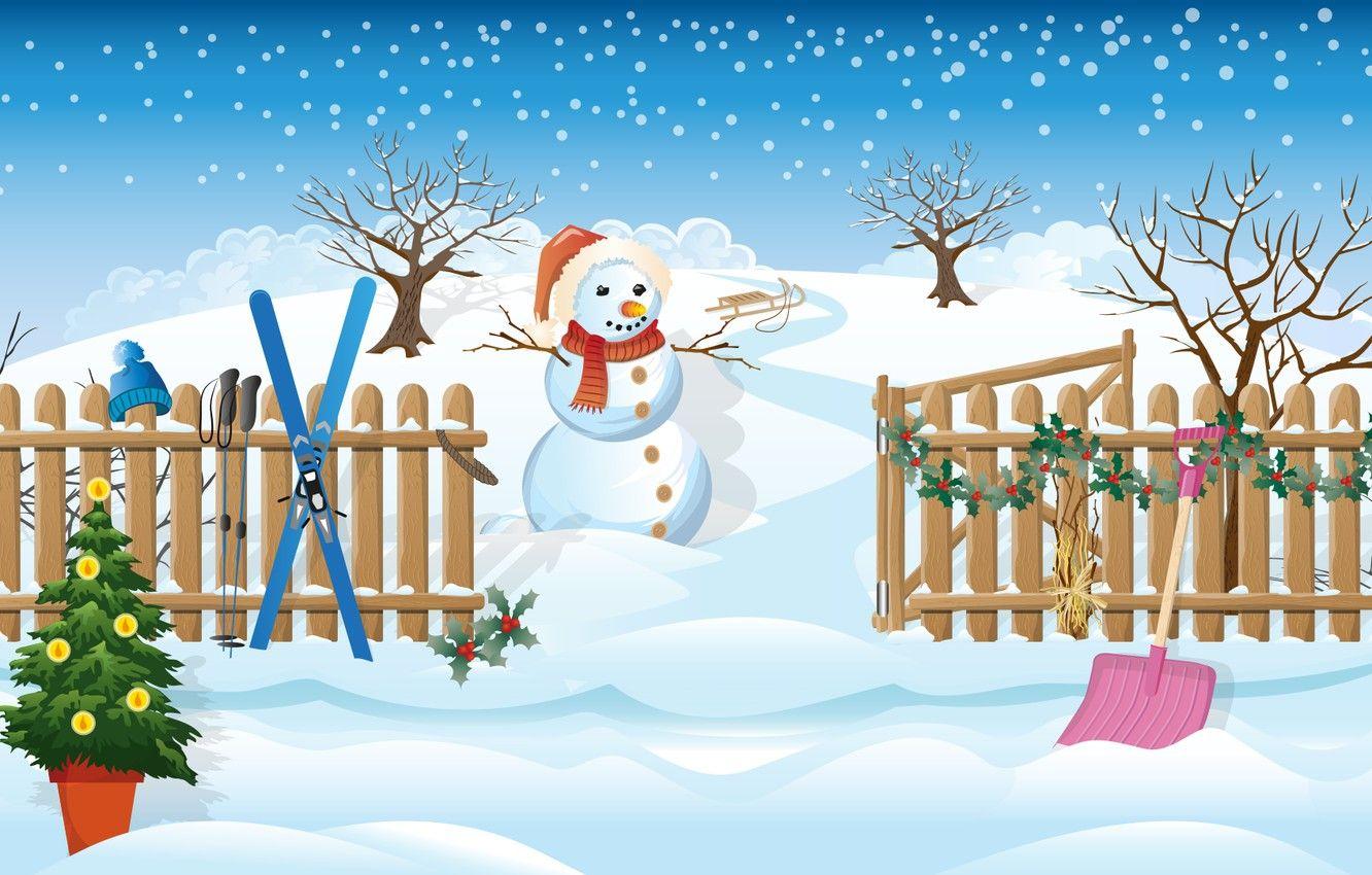 1332x850 Wallpaper winter, the sky, trees, hat, figure, ski, the fence, graphics, vector, scarf, art, Christmas, the snow, New year, pot, snowman image for desktop, section новый год