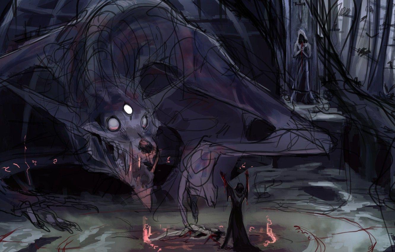 1332x850 Wallpaper fire, the victim, monster, by Remarin, black mage image for desktop, section фантастика