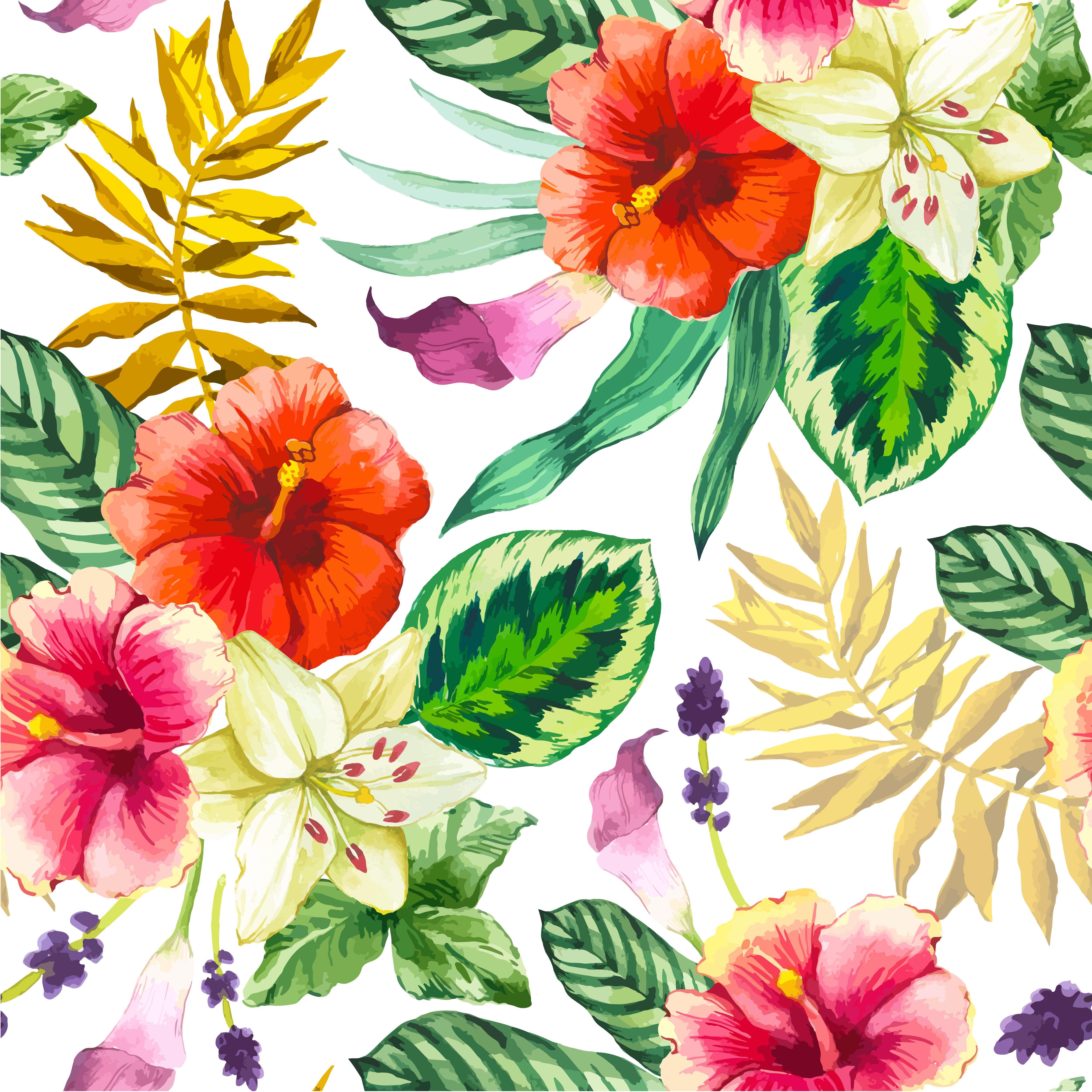 5000x5000 Vector illustration with watercolor flowers. Beautiful seamless background with tropical flowers and plants. Цветочные фоны, Тропическое искусство, Рисунки цветов