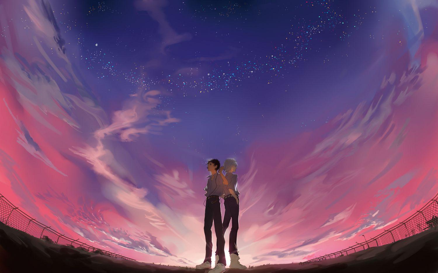 1500x936 Neon genesis evangelion clouds ikari shinji male nagisa kaworu night scenic sky stars sunset xiayu93 wallpaperx936
