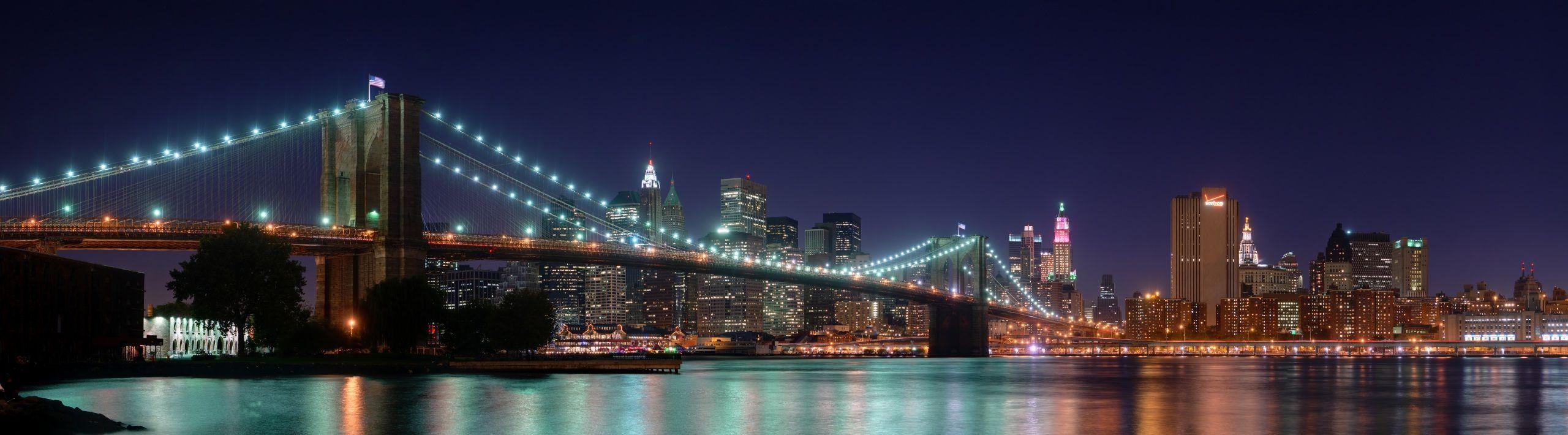 2560x710 Desktop Wallpaper New York City USA Brooklyn Bridges Night 2560x710