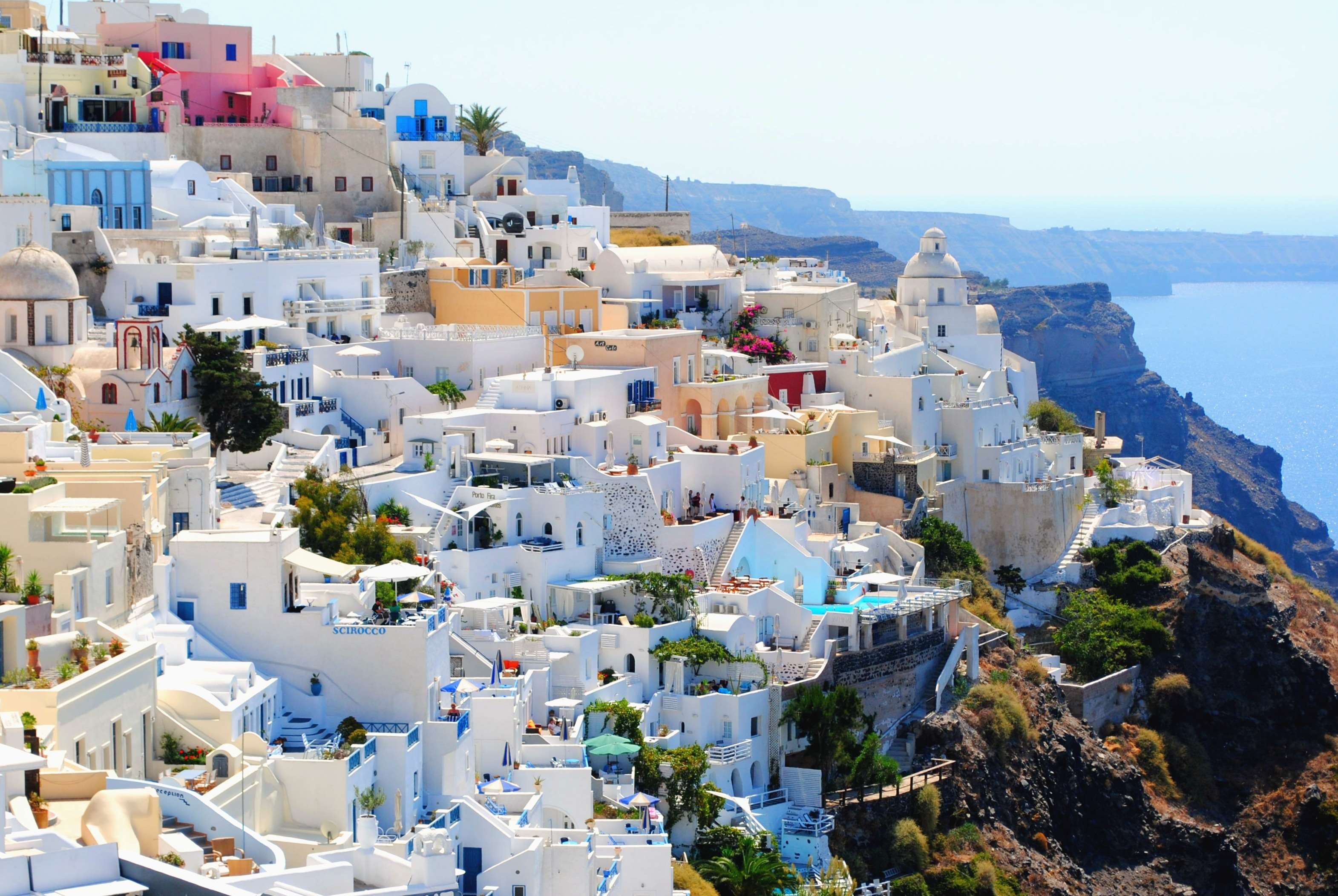3141x2103 architecture, buildings, coast, greece, greek, mediterranean, oia, santorini, sea, seashore, town, village wallpaper