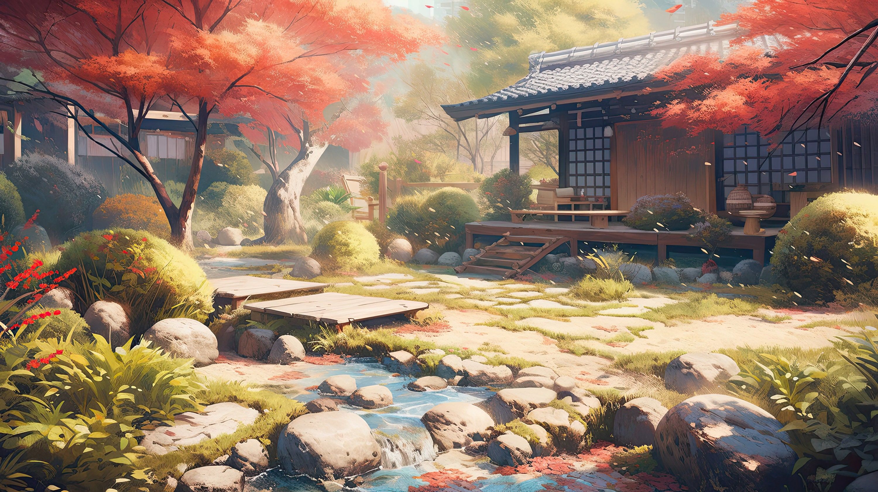 3000x1681 Lofi Zen Garden Digital Paper Background, Mobile and Desktop Wallpaper Bundle, Instant Download, Commercial Use, Studio Ghibli Inspired